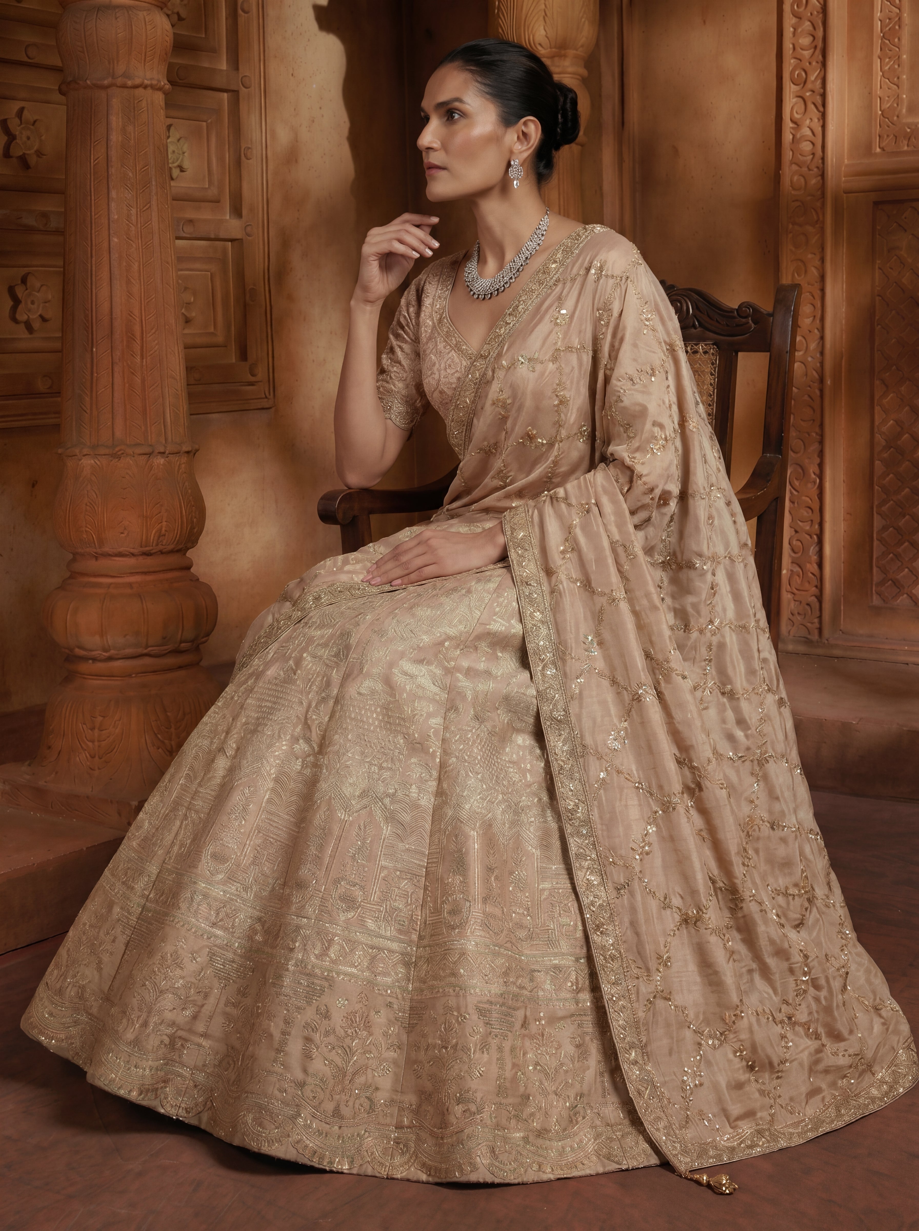 Champagne Gold Viscose Jacquard Weaving Bridal Lehenga Choli Set