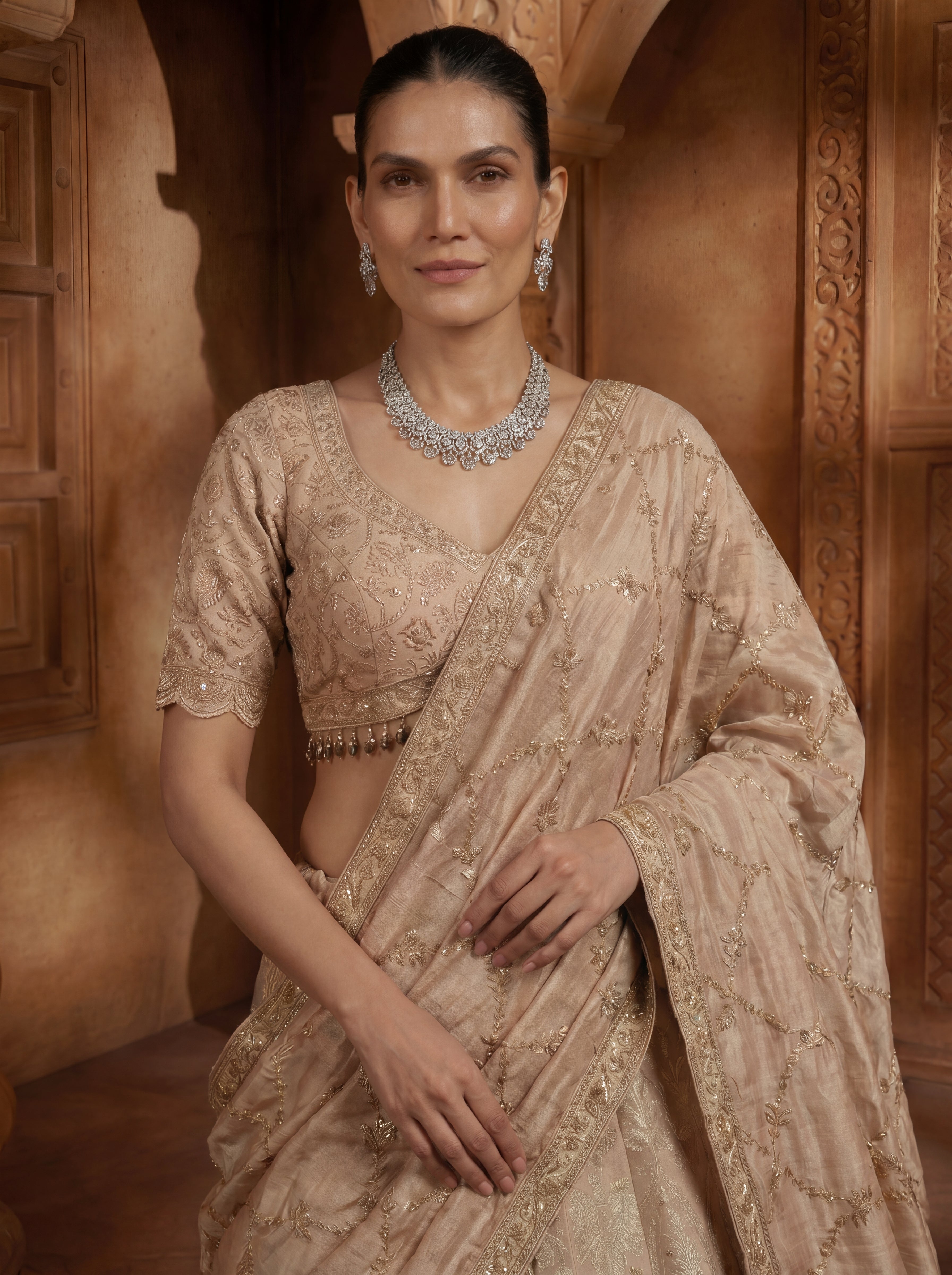 Champagne Gold Viscose Jacquard Weaving Bridal Lehenga Choli Set