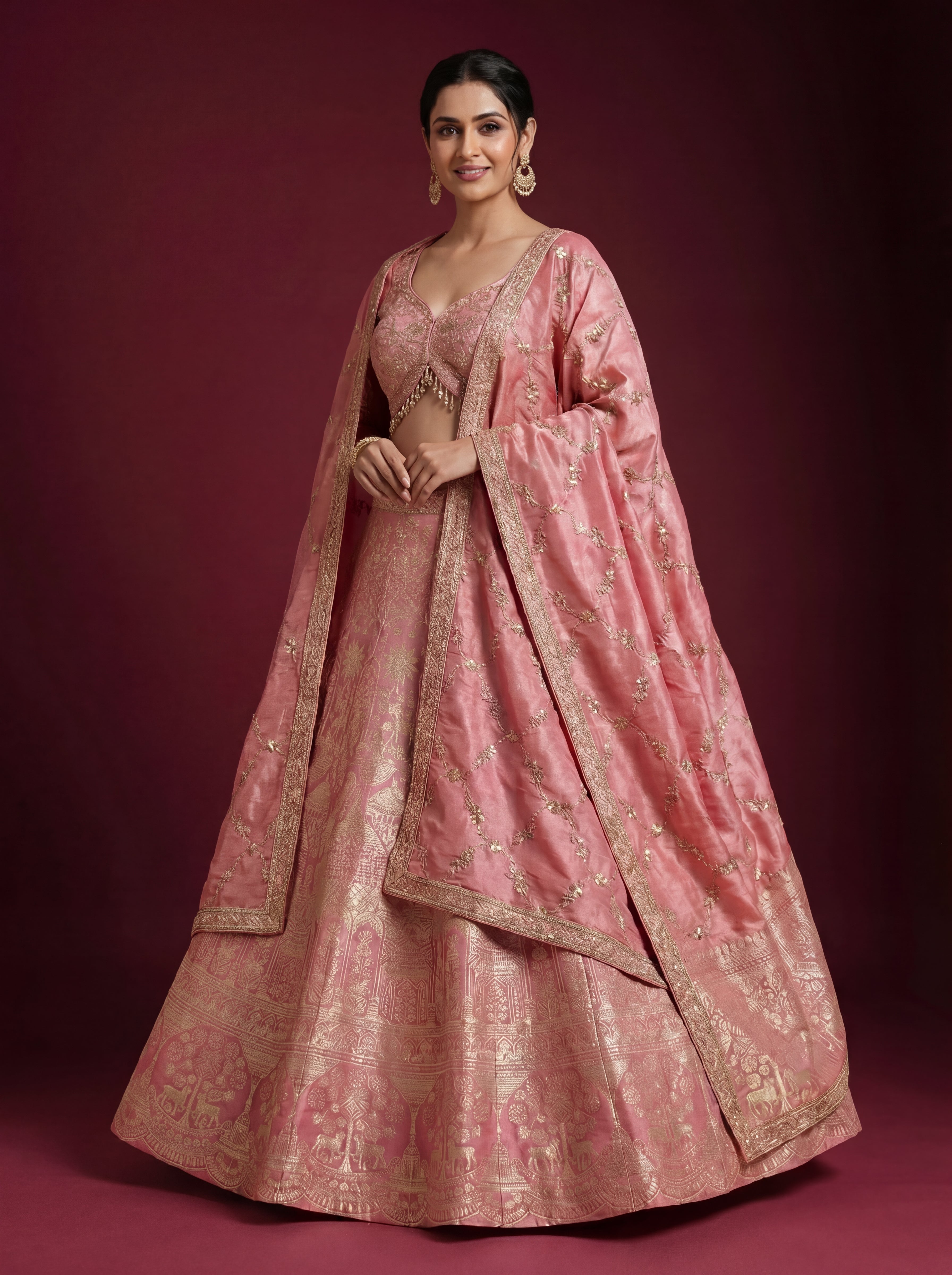 Coral Pink Viscose Jacquard Weaving Bridal Lehenga Choli Set