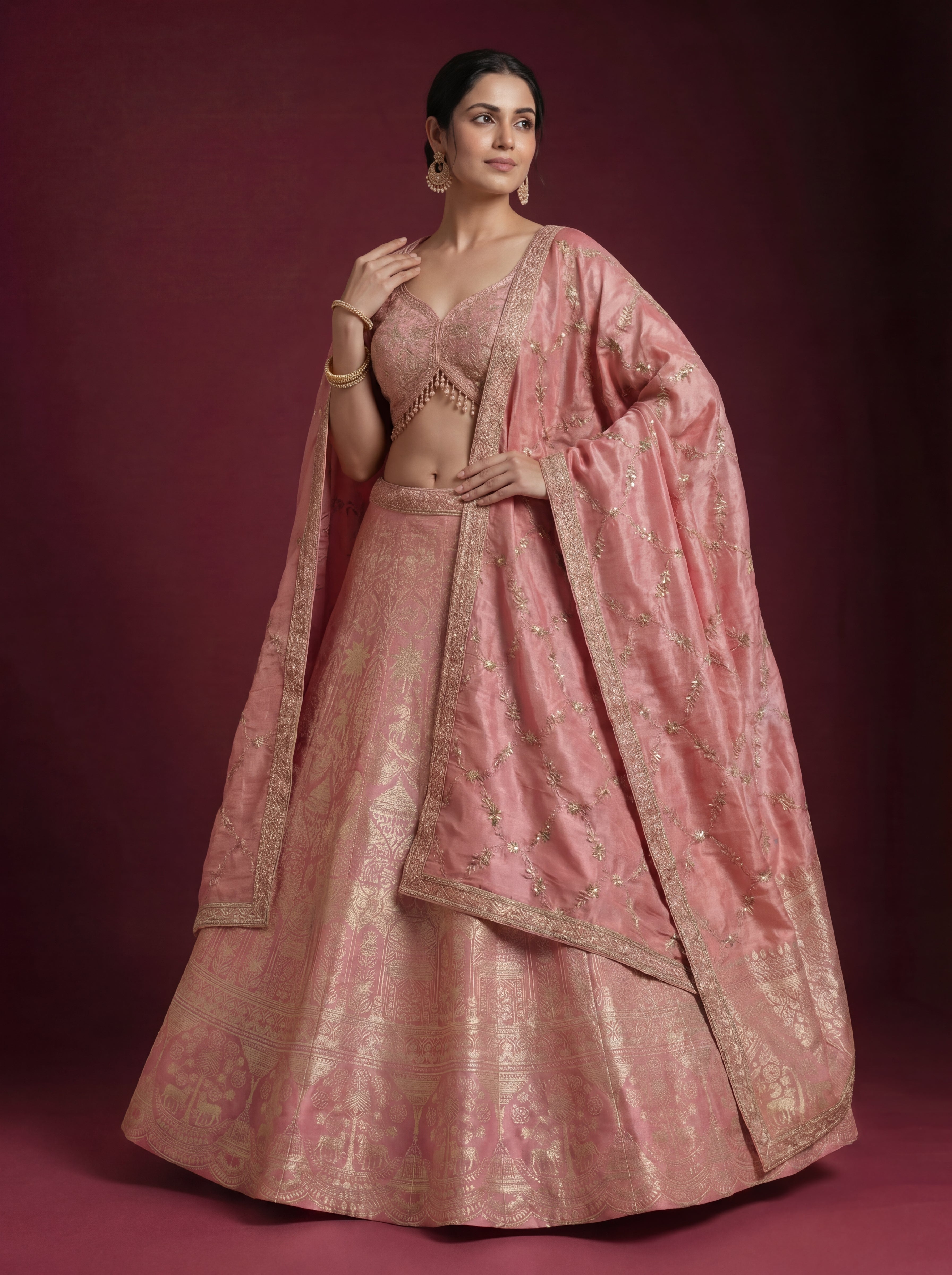 Coral Pink Viscose Jacquard Weaving Bridal Lehenga Choli Set