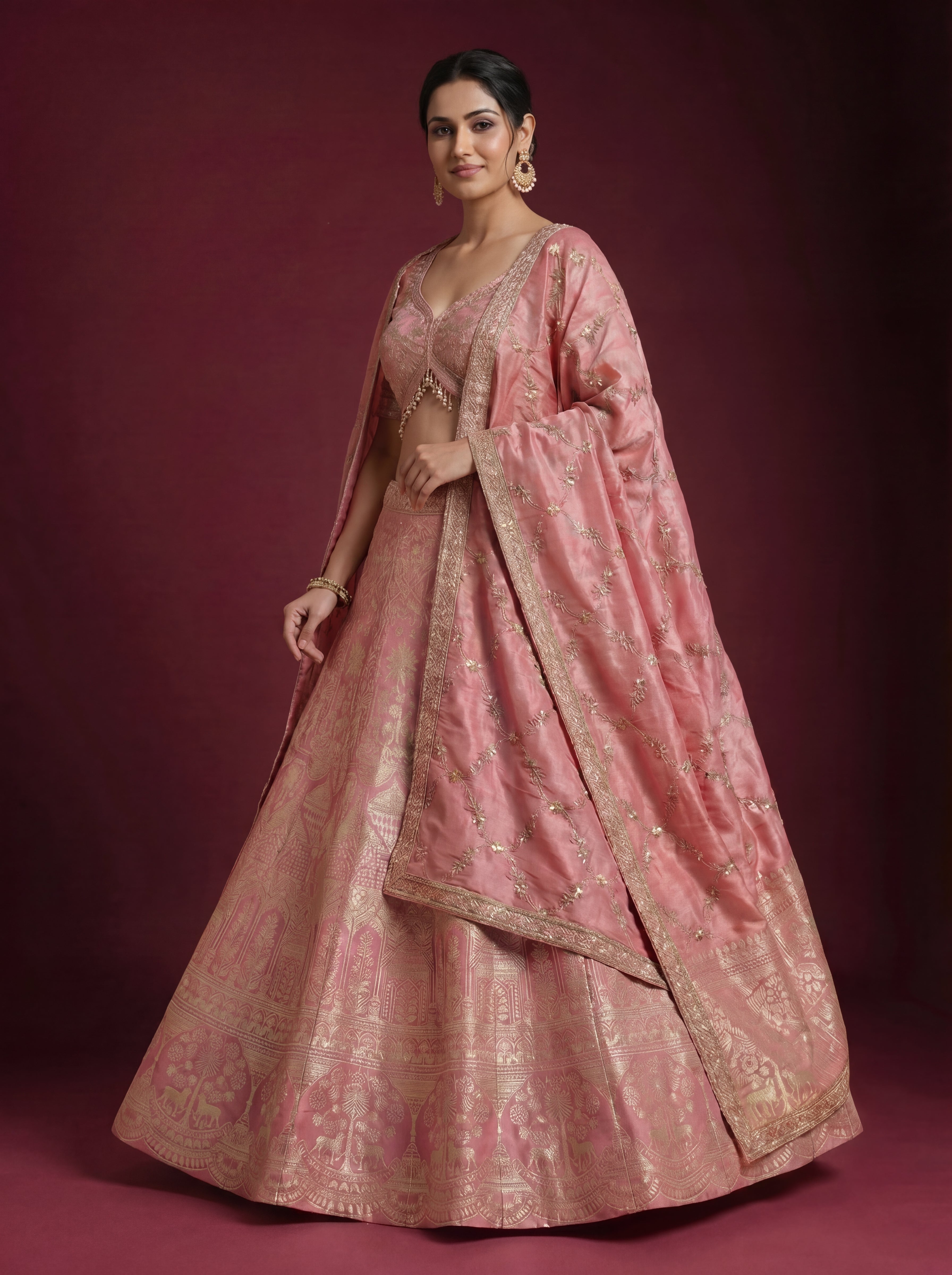 Coral Pink Viscose Jacquard Weaving Bridal Lehenga Choli Set