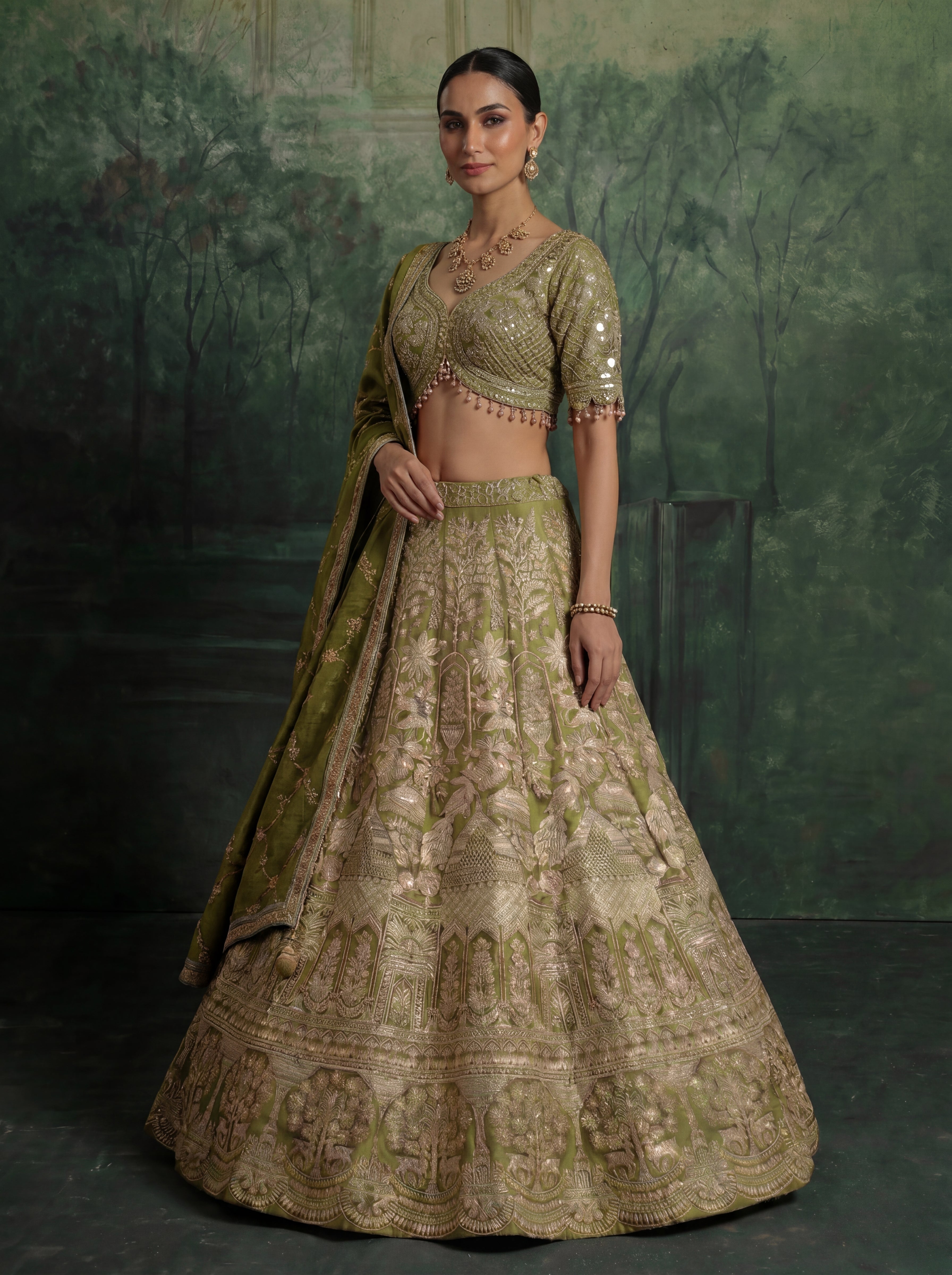 Sage Green Viscose Jacquard Weaving Bridal Lehenga Choli Set