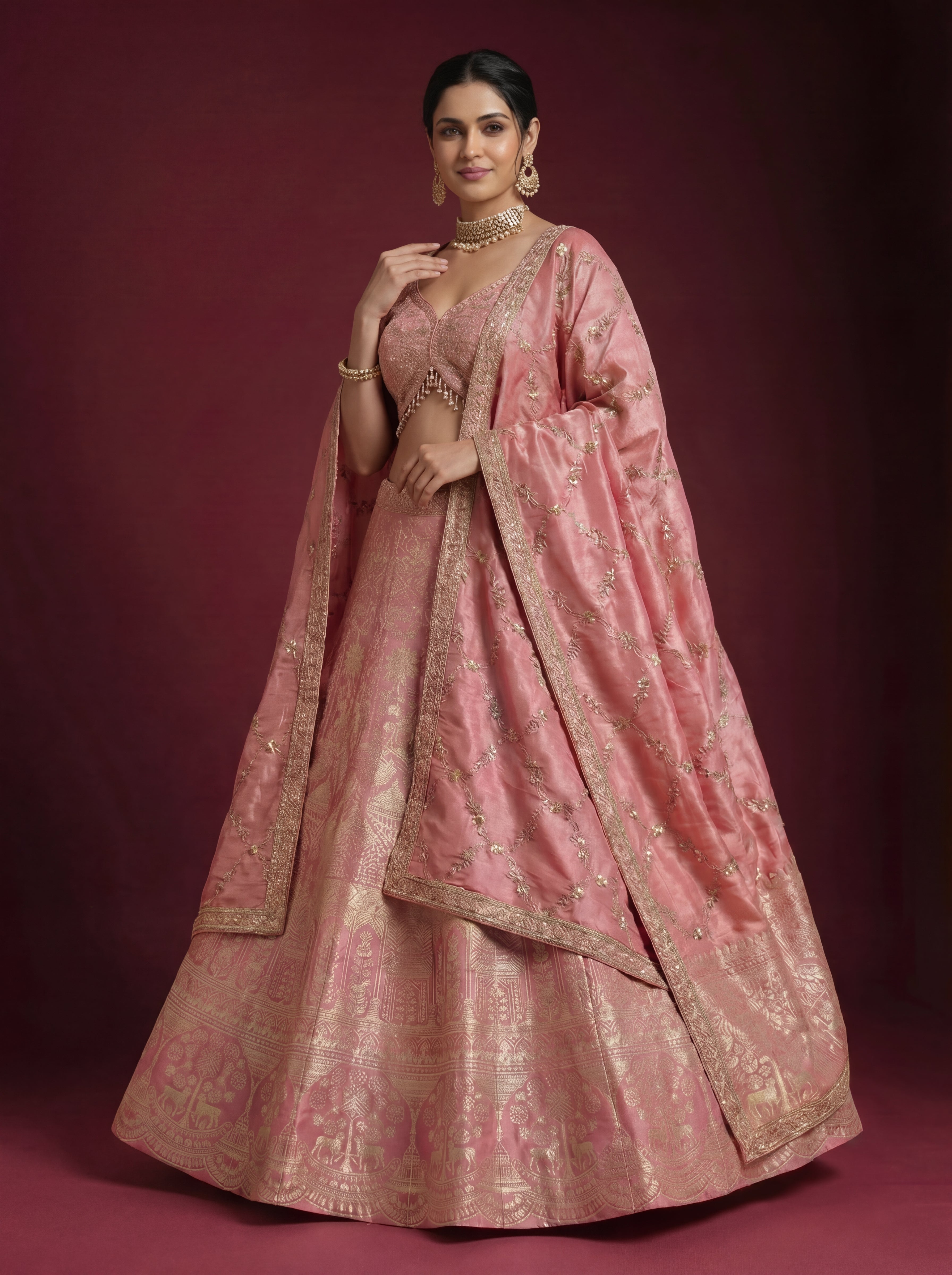 Coral Pink Viscose Jacquard Weaving Bridal Lehenga Choli Set