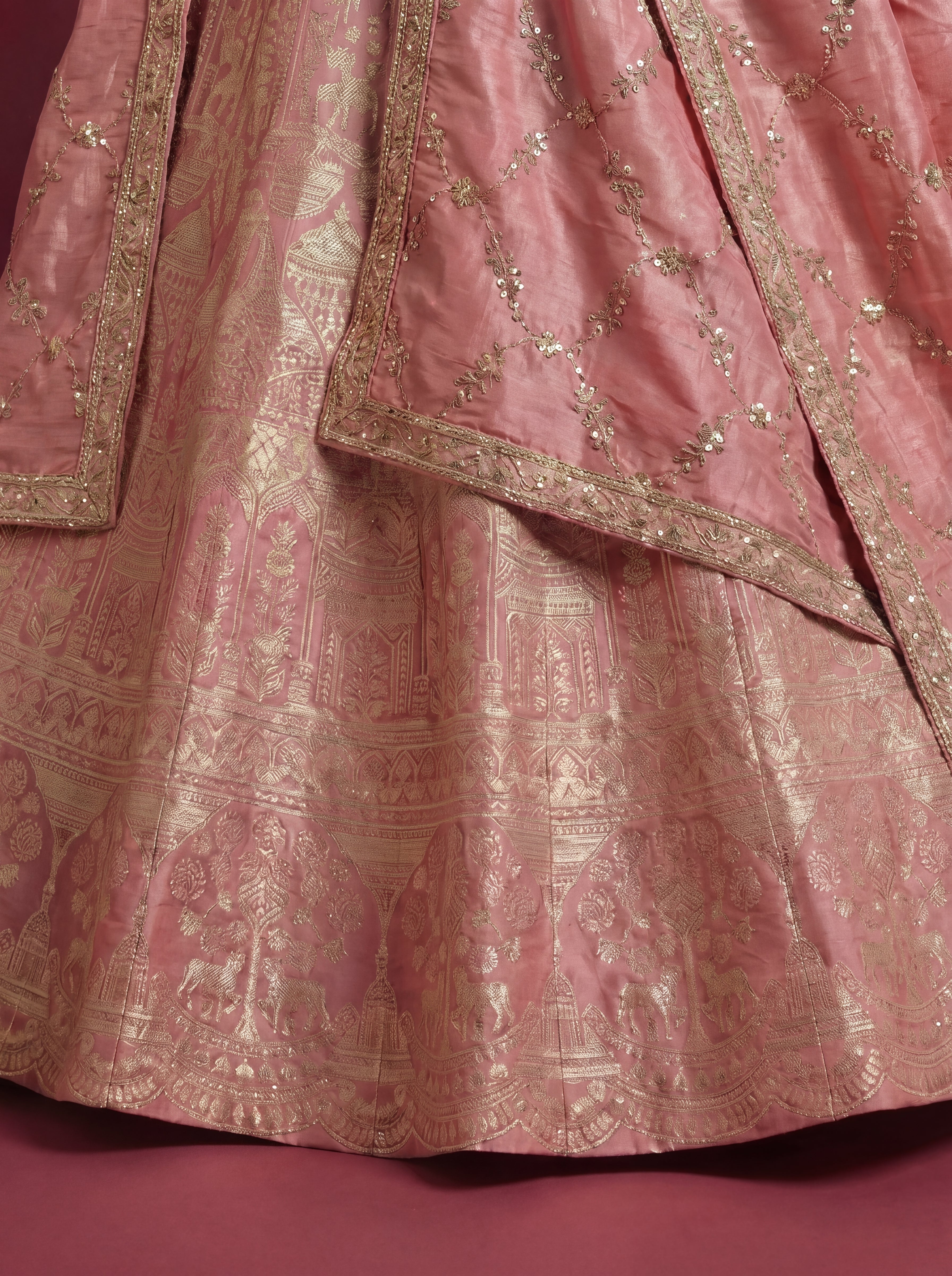 Coral Pink Viscose Jacquard Weaving Bridal Lehenga Choli Set