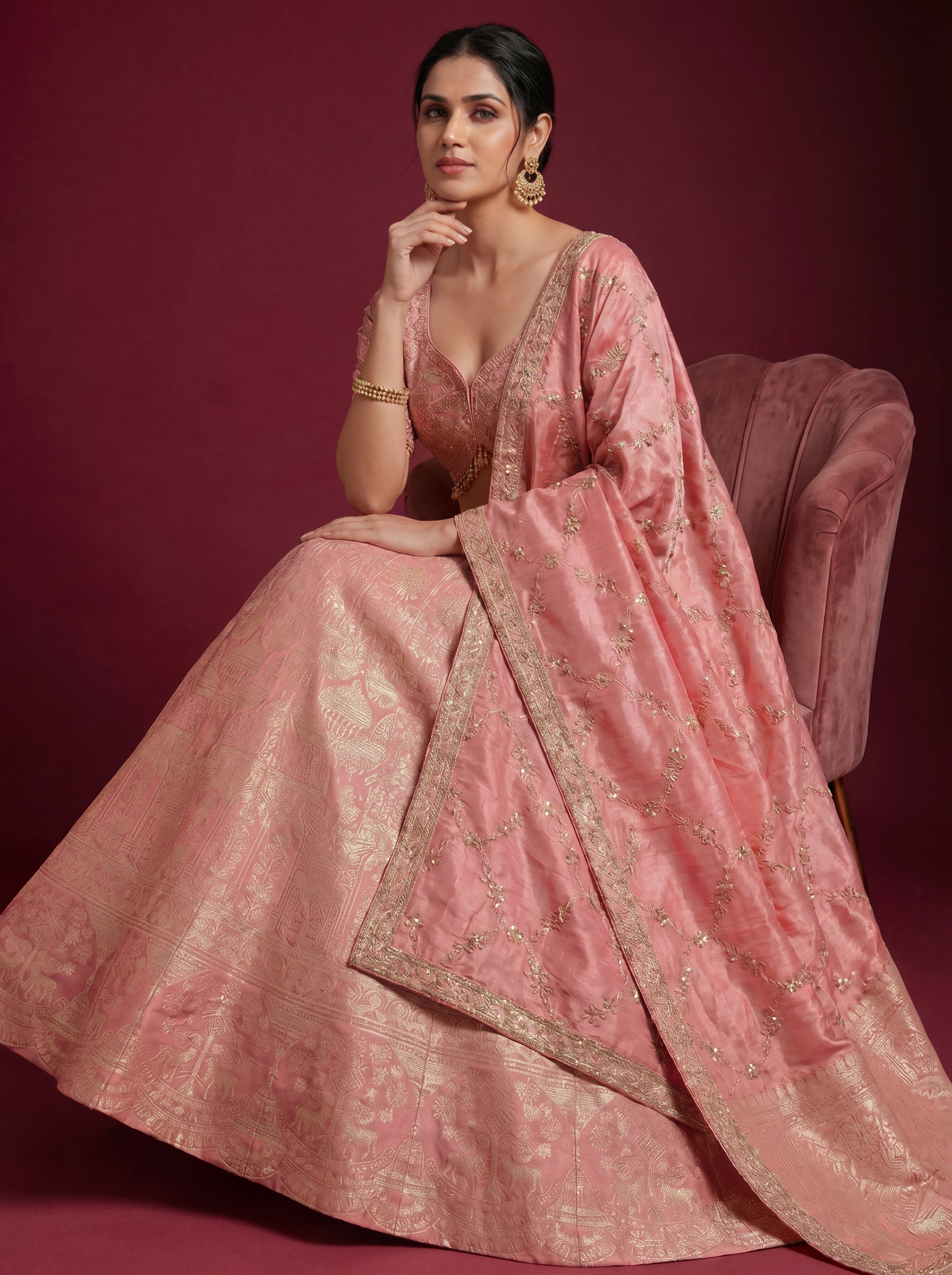 Coral Pink Viscose Jacquard Weaving Bridal Lehenga Choli Set