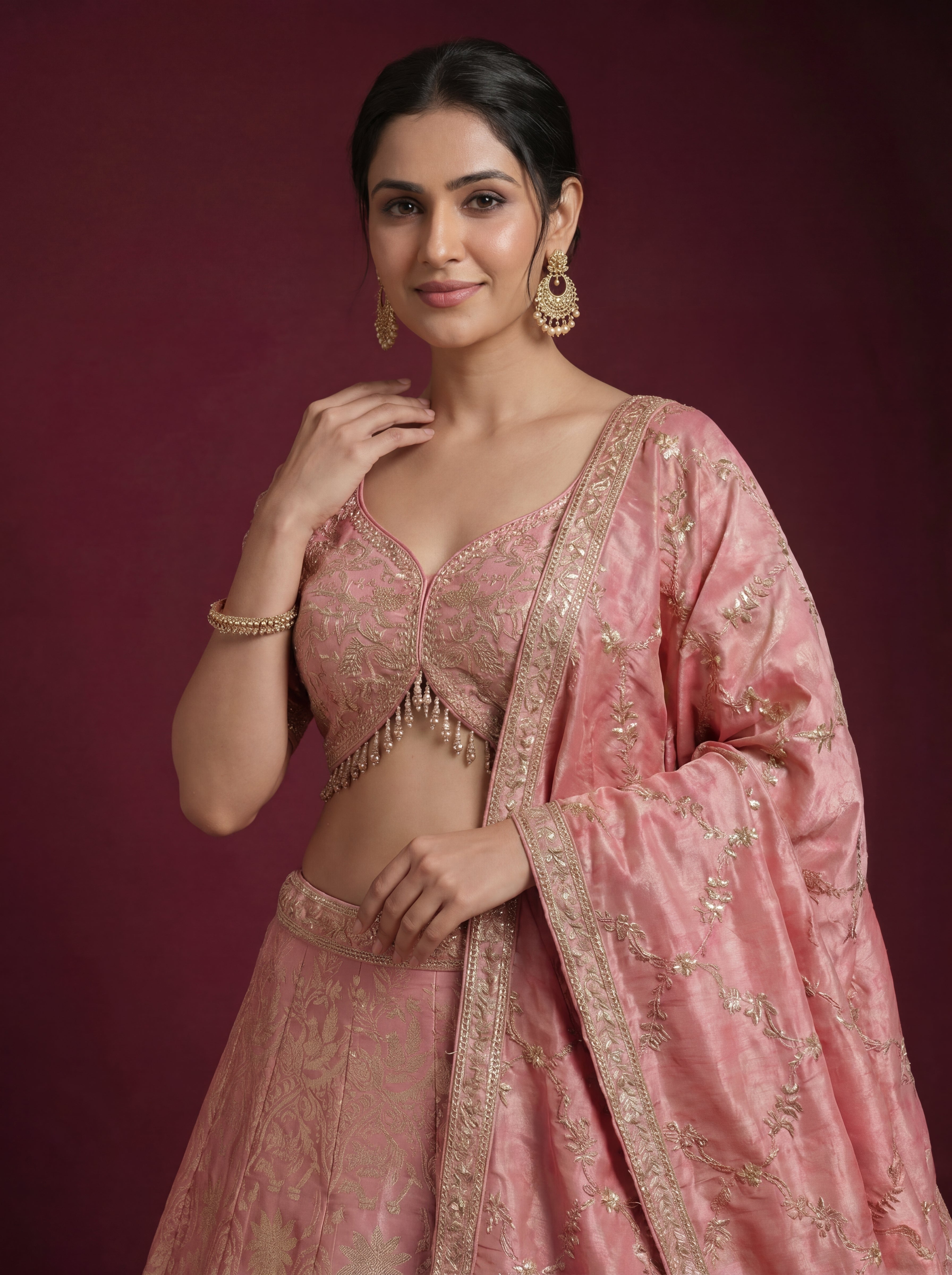 Coral Pink Viscose Jacquard Weaving Bridal Lehenga Choli Set