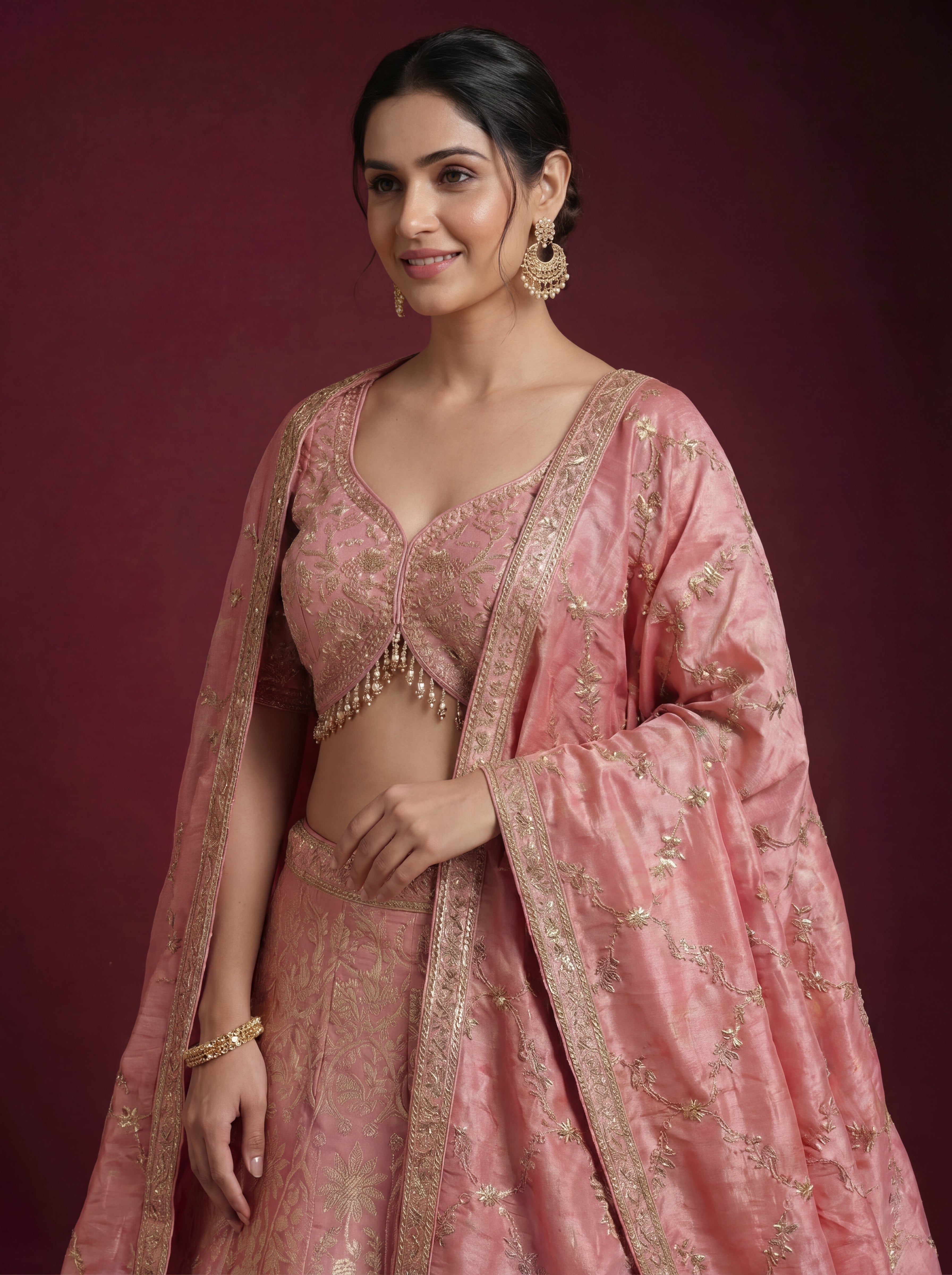 Coral Pink Viscose Jacquard Weaving Bridal Lehenga Choli Set