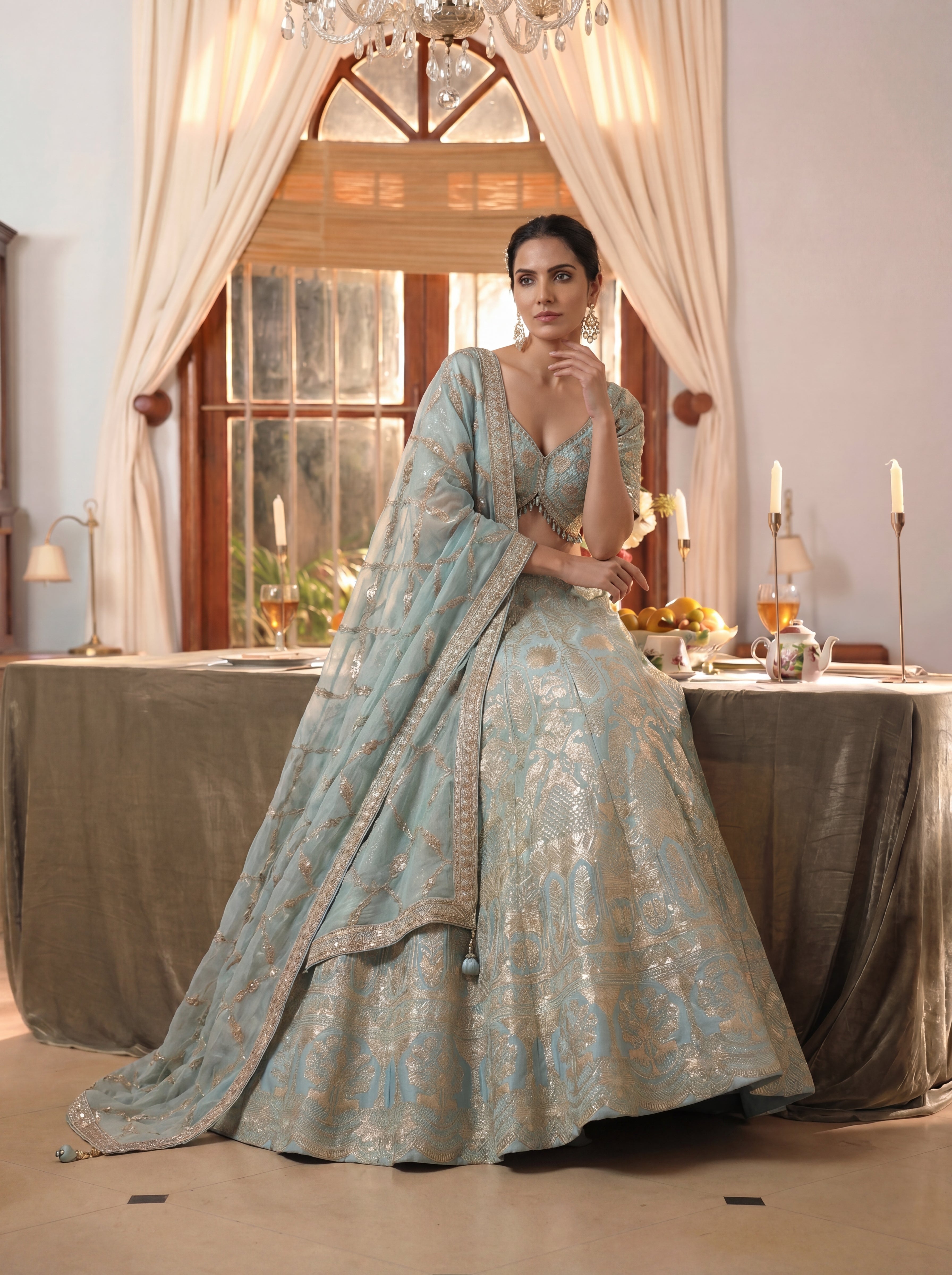 Powder Blue Viscose Jacquard Weaving Wedding Lehenga Choli Set