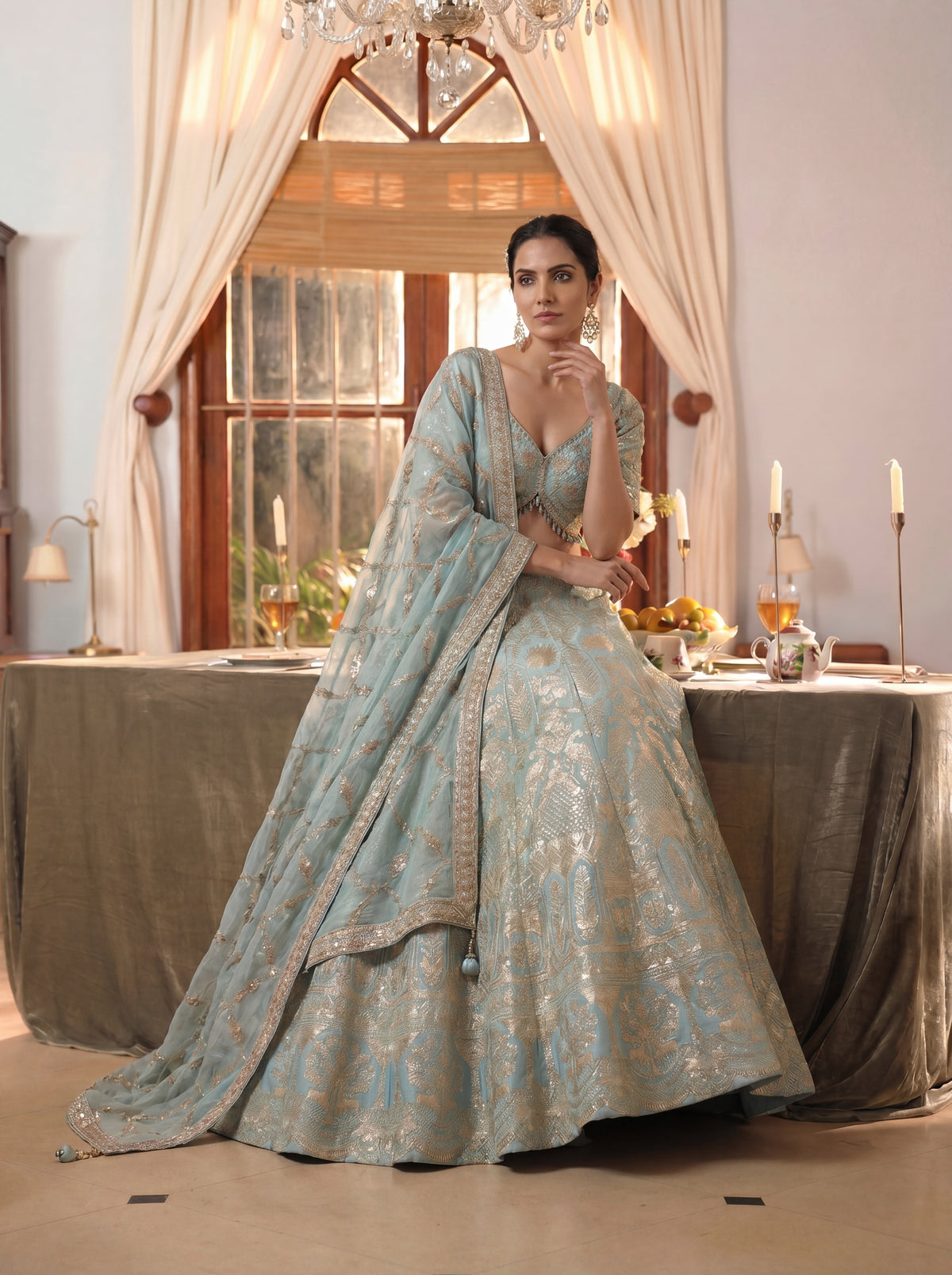 Powder Blue Viscose Jacquard Weaving Wedding Lehenga Choli Set