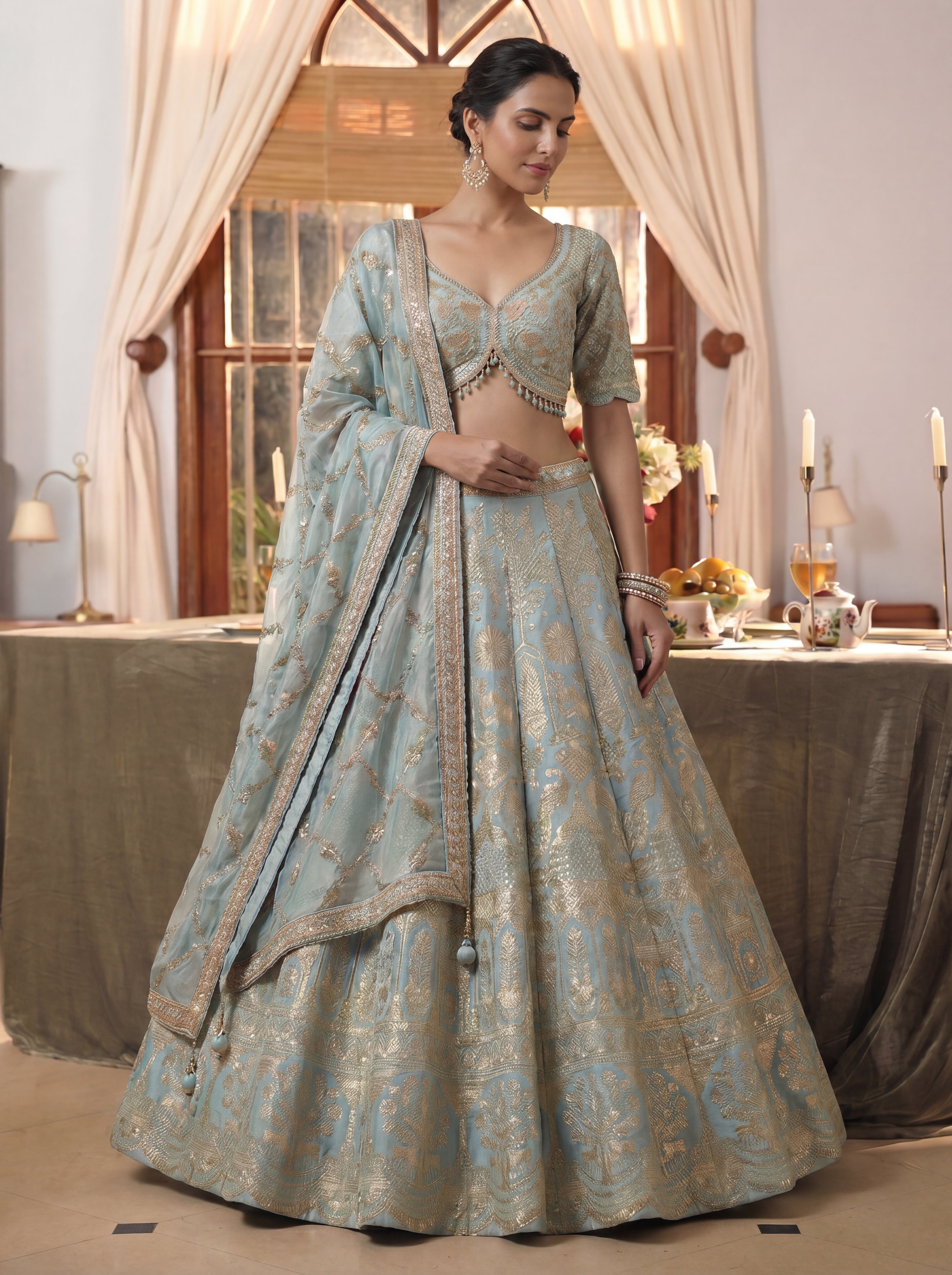 Powder Blue Viscose Jacquard Weaving Wedding Lehenga Choli Set