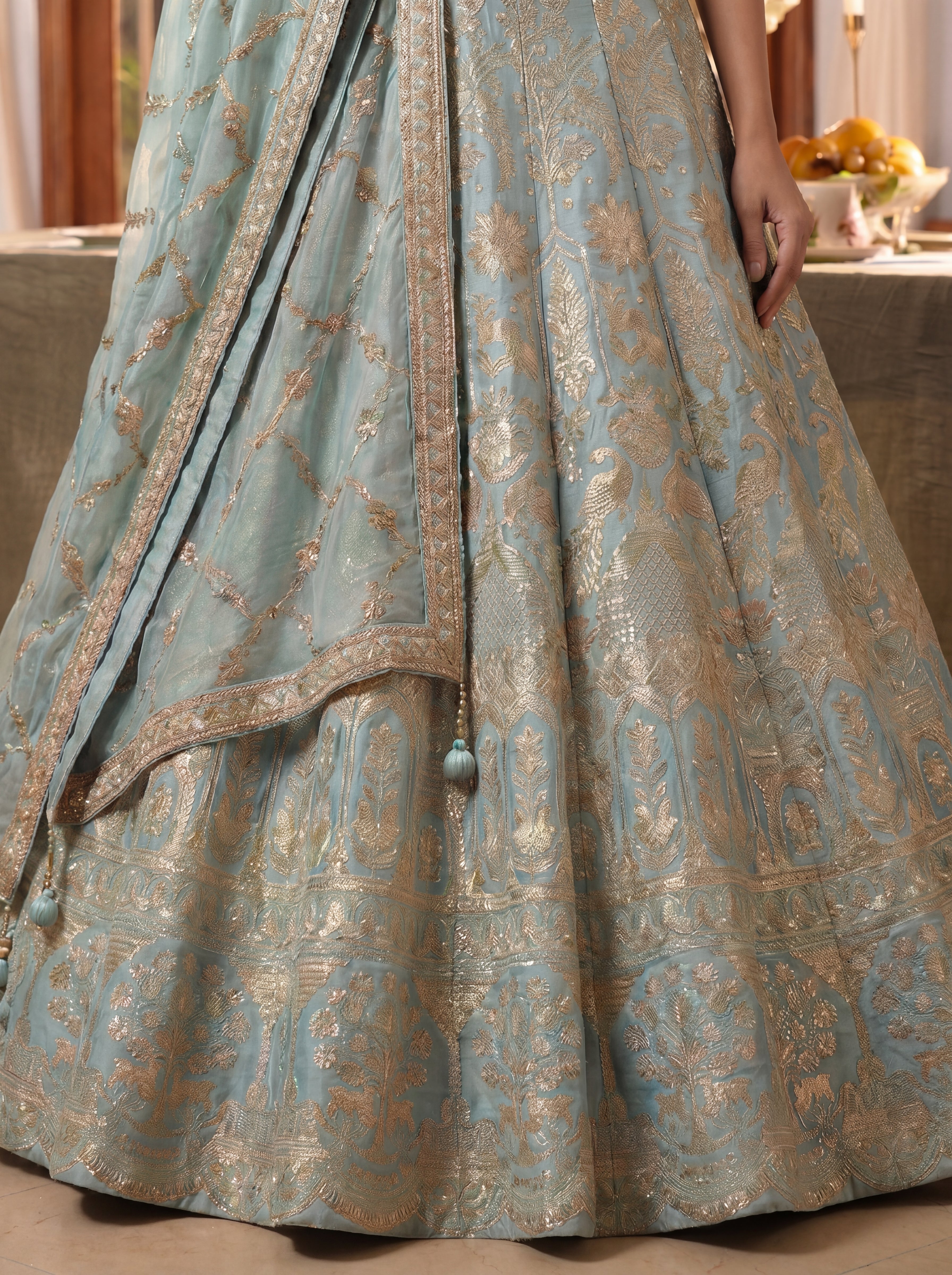 Powder Blue Viscose Jacquard Weaving Wedding Lehenga Choli Set