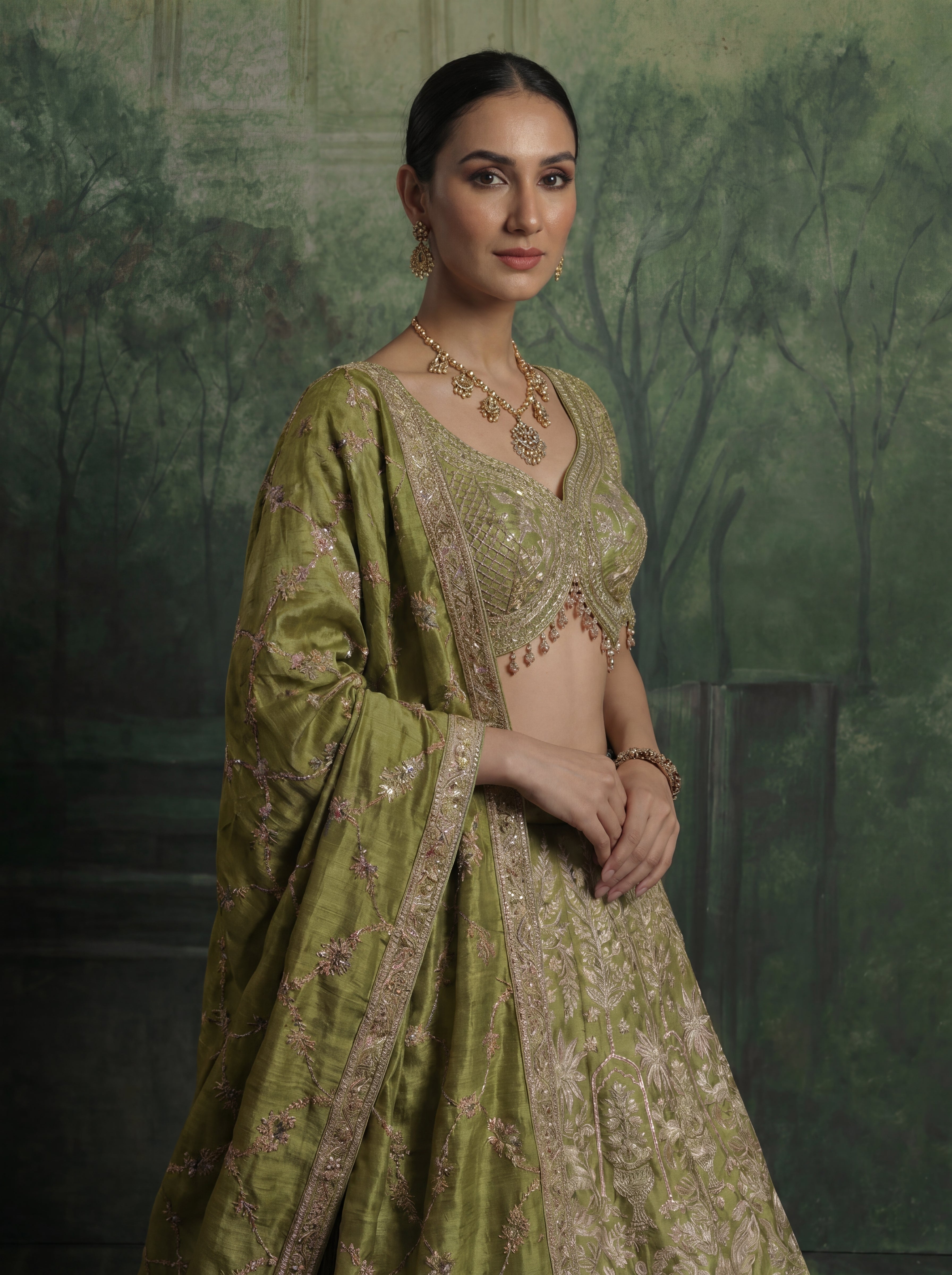 Sage Green Viscose Jacquard Weaving Bridal Lehenga Choli Set