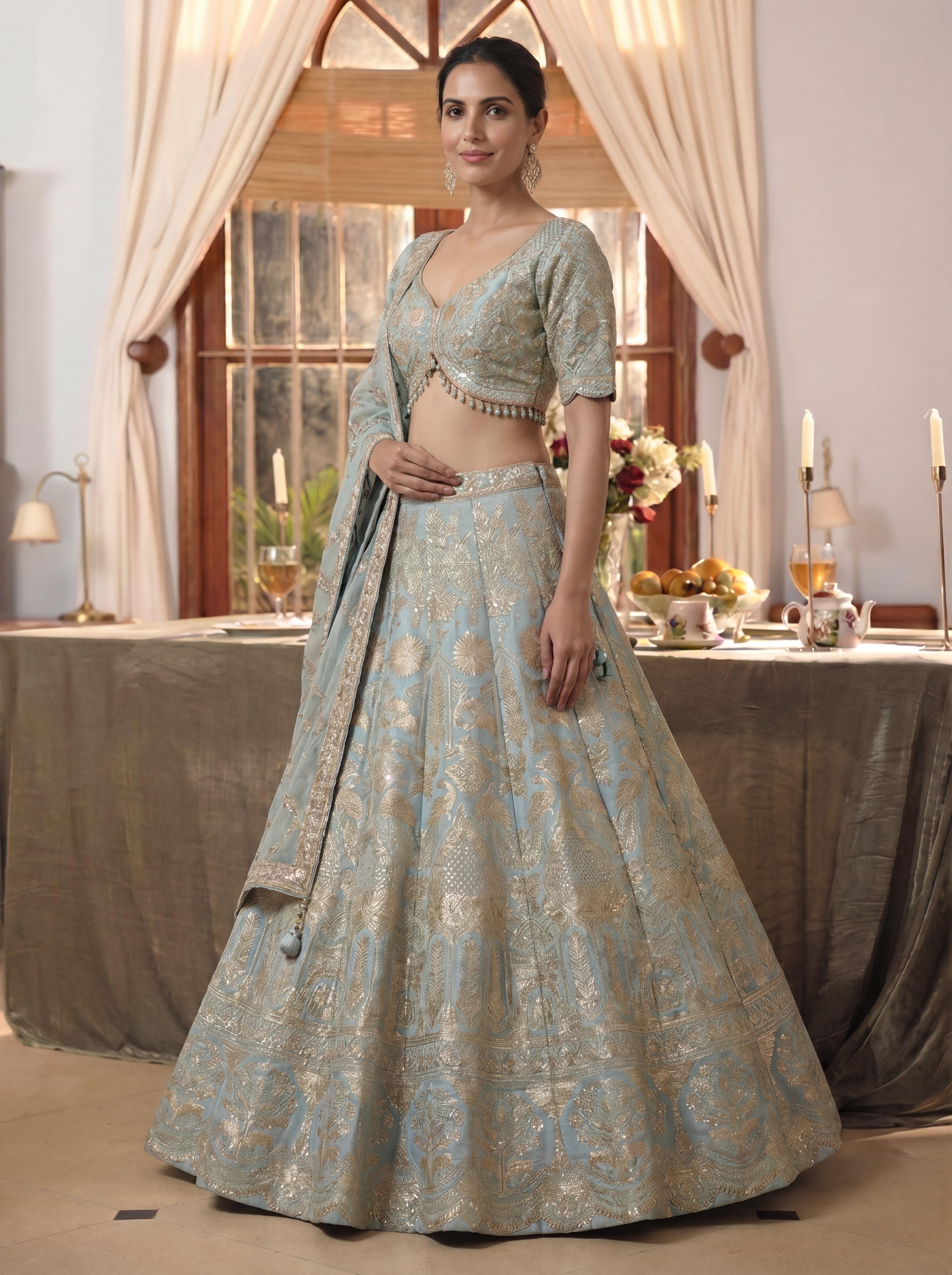 Powder Blue Viscose Jacquard Weaving Wedding Lehenga Choli Set