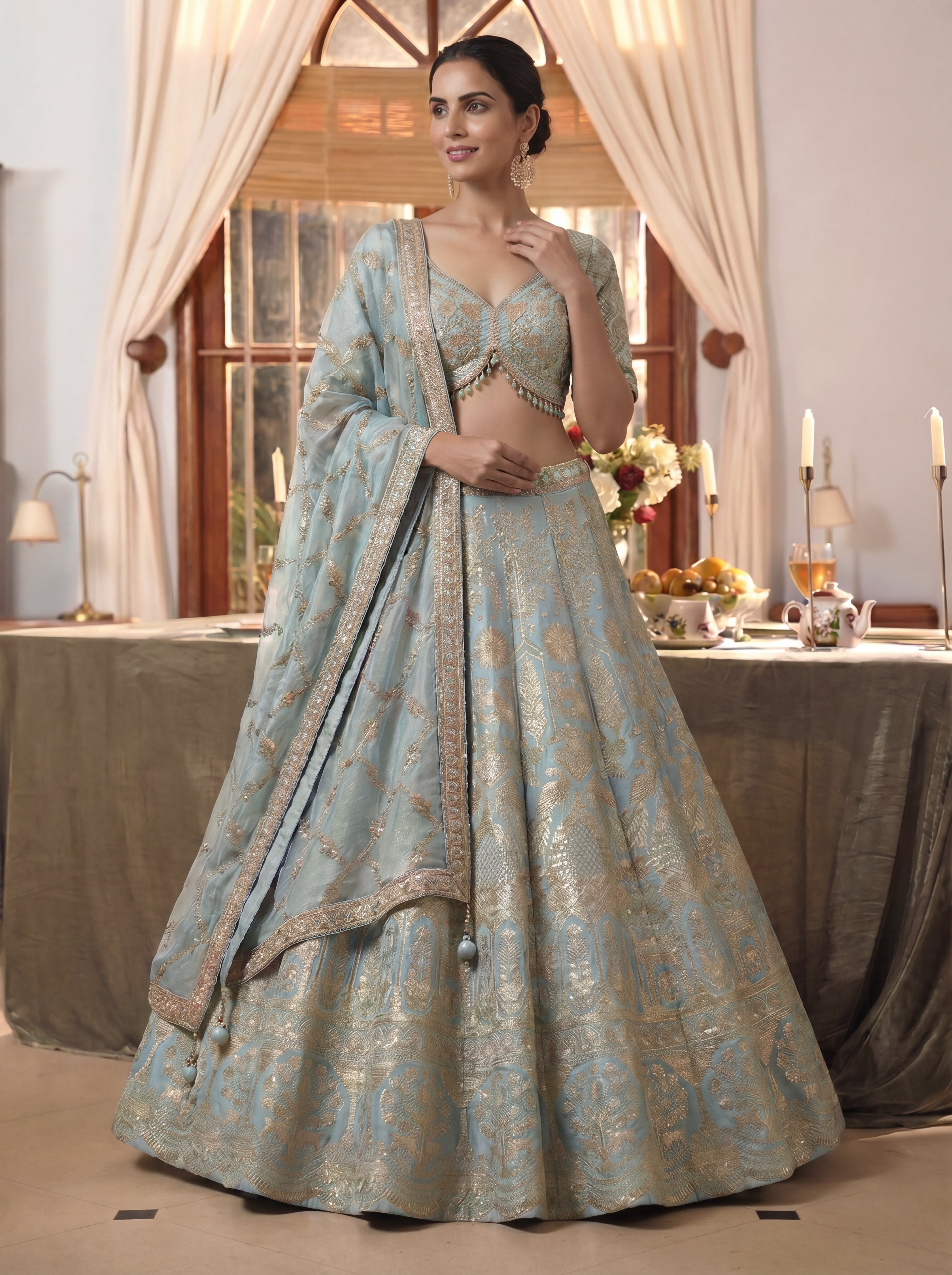 Powder Blue Viscose Jacquard Weaving Wedding Lehenga Choli Set