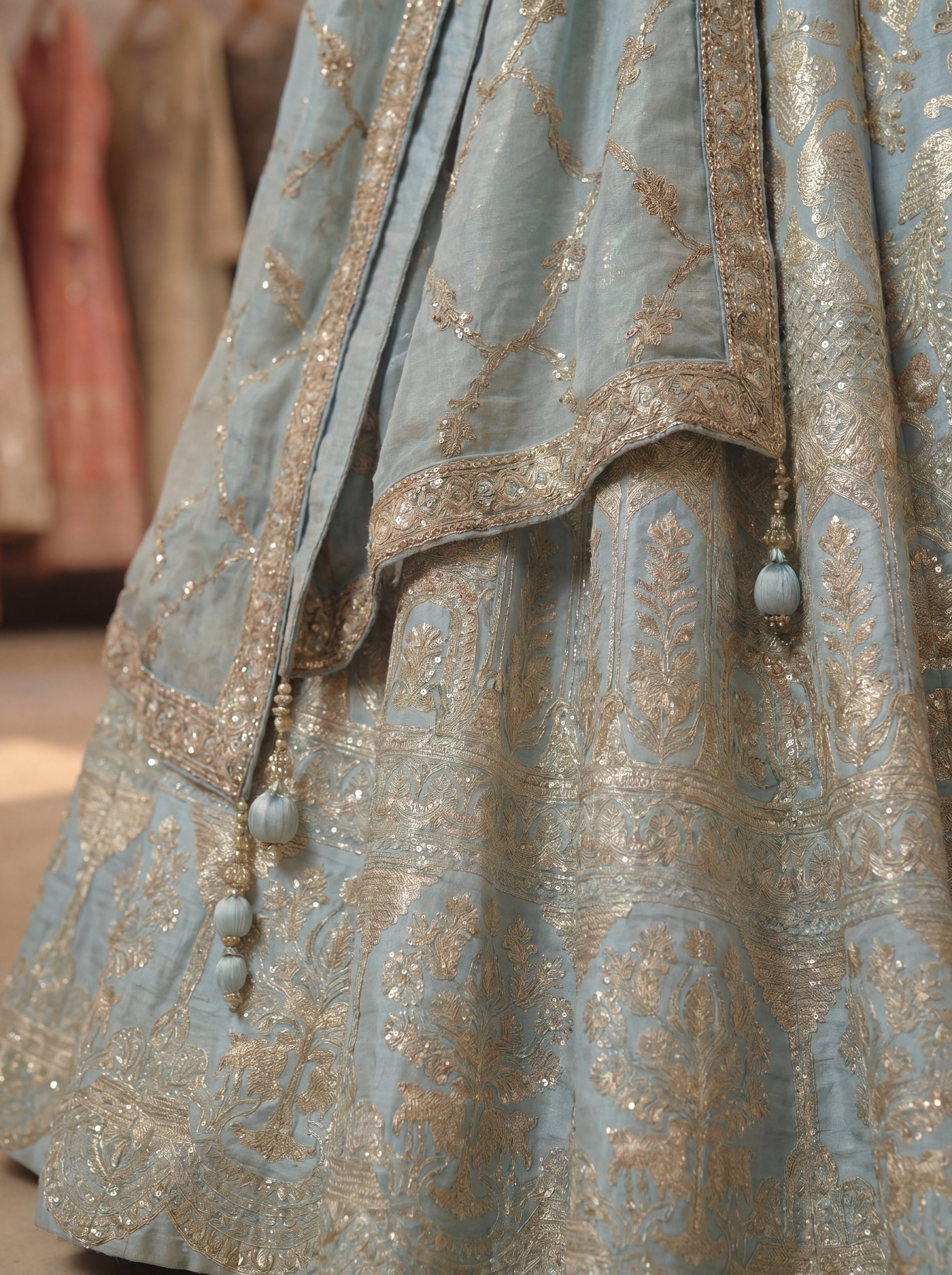 Powder Blue Viscose Jacquard Weaving Wedding Lehenga Choli Set