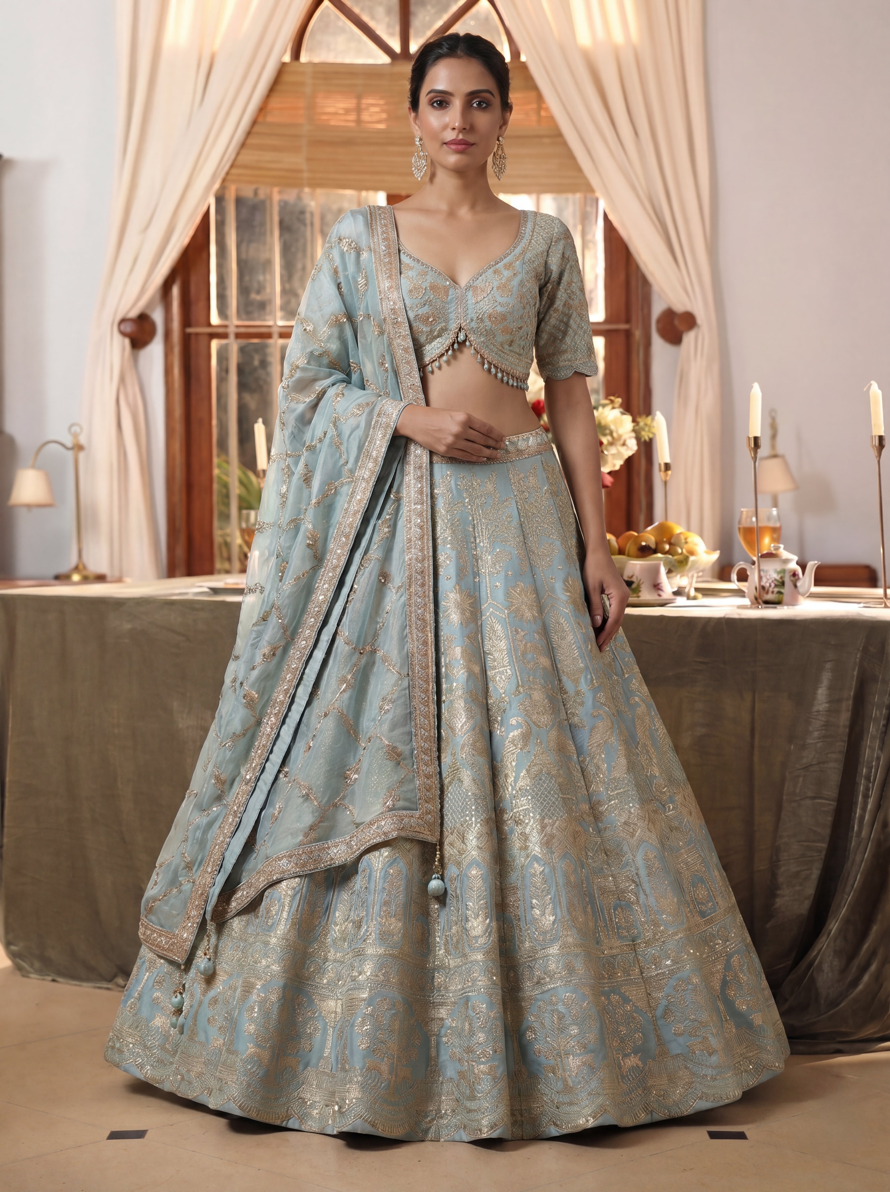 Powder Blue Viscose Jacquard Weaving Wedding Lehenga Choli Set