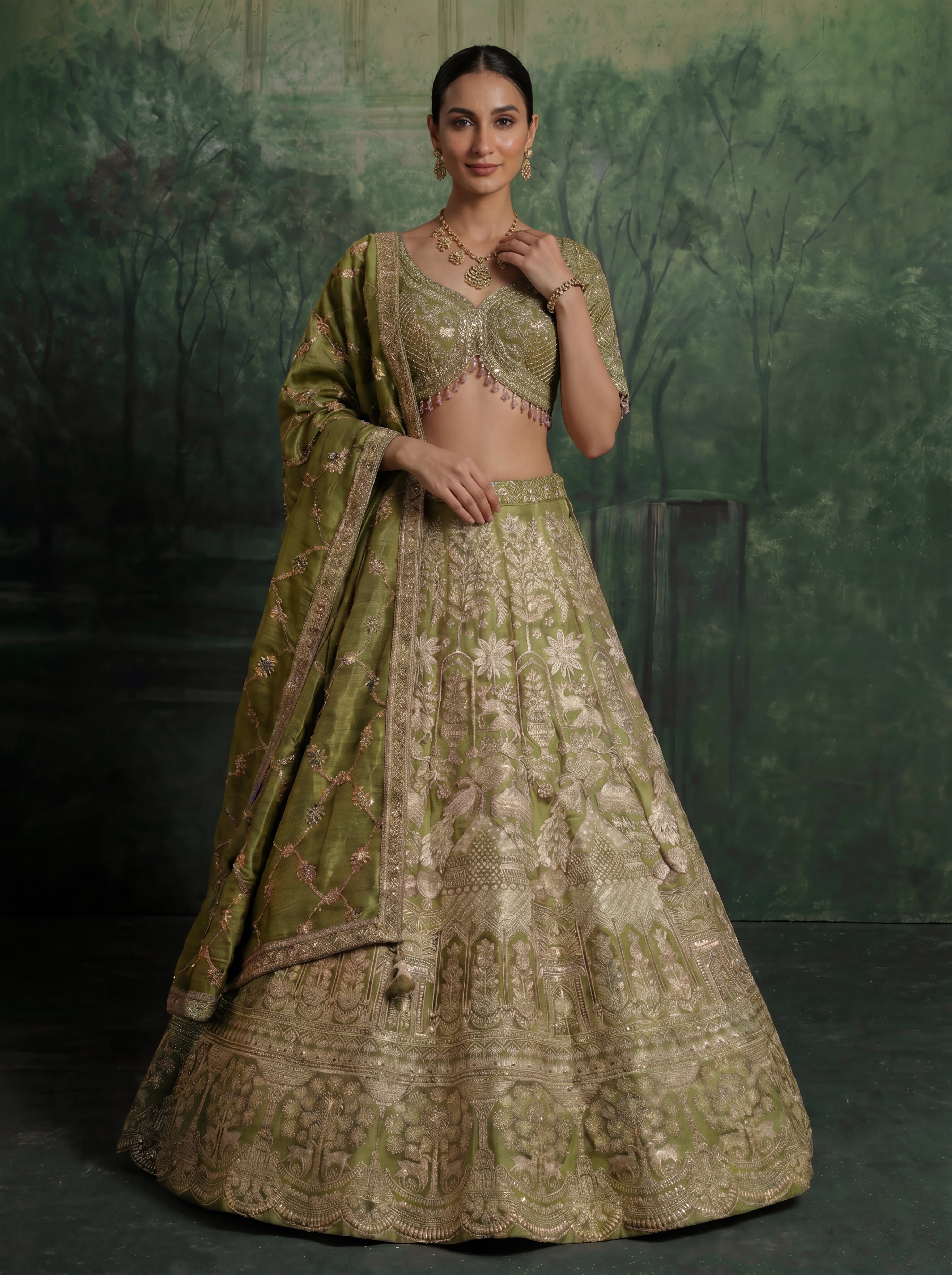 Sage Green Viscose Jacquard Weaving Bridal Lehenga Choli Set