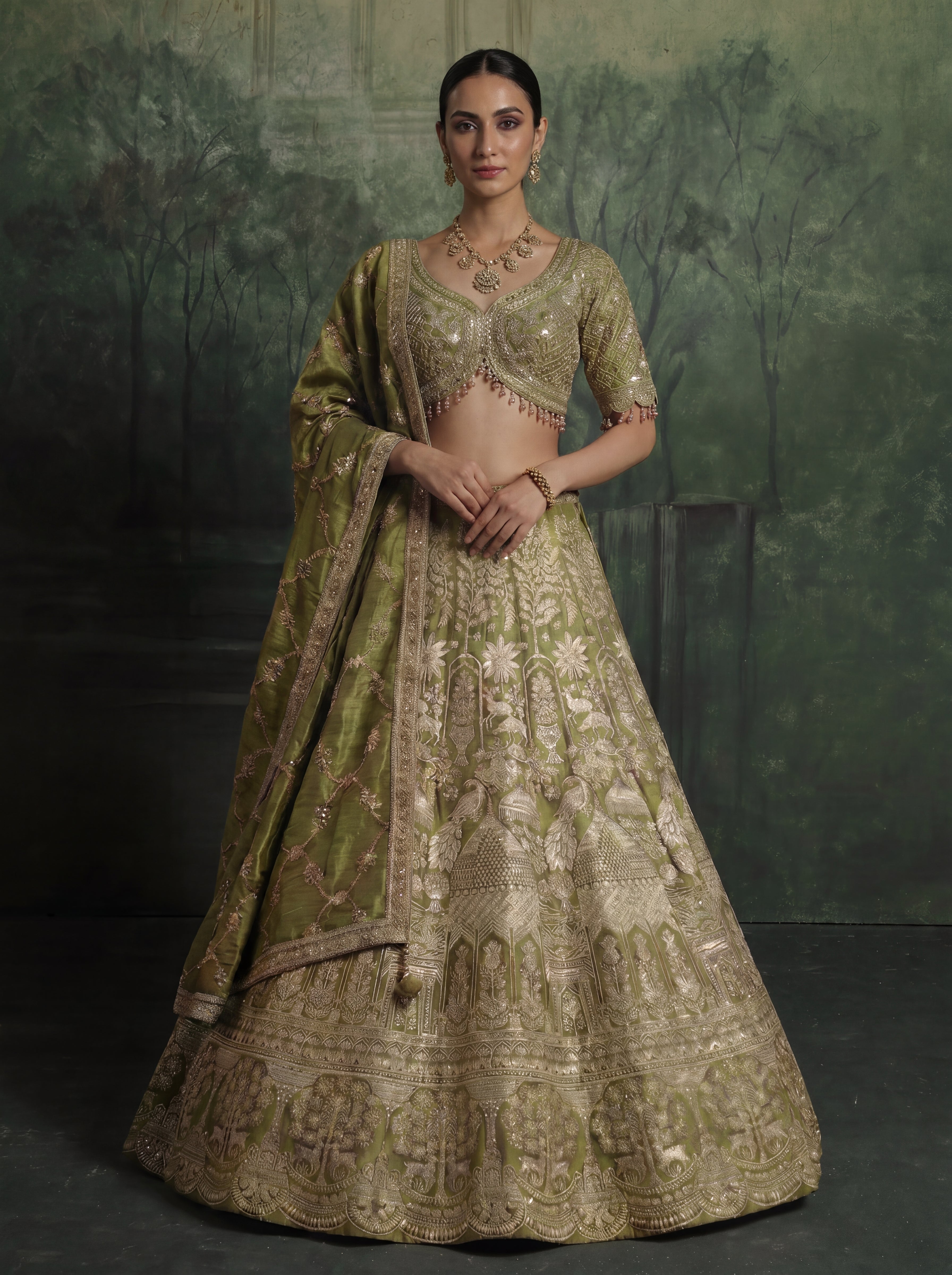 Sage Green Viscose Jacquard Weaving Bridal Lehenga Choli Set
