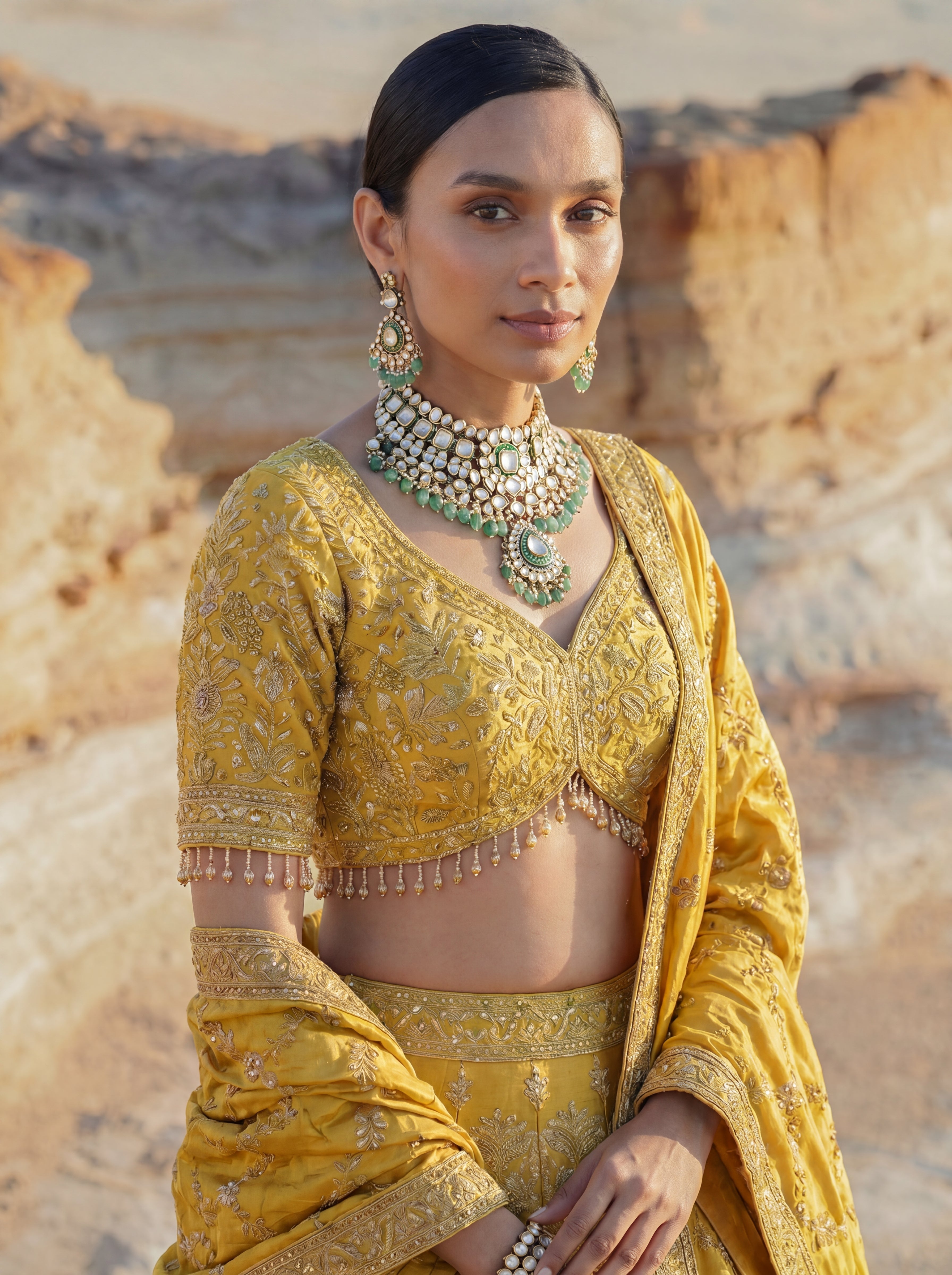 Sunshine Yellow Viscose Jacquard Wedding Lehenga Choli Set