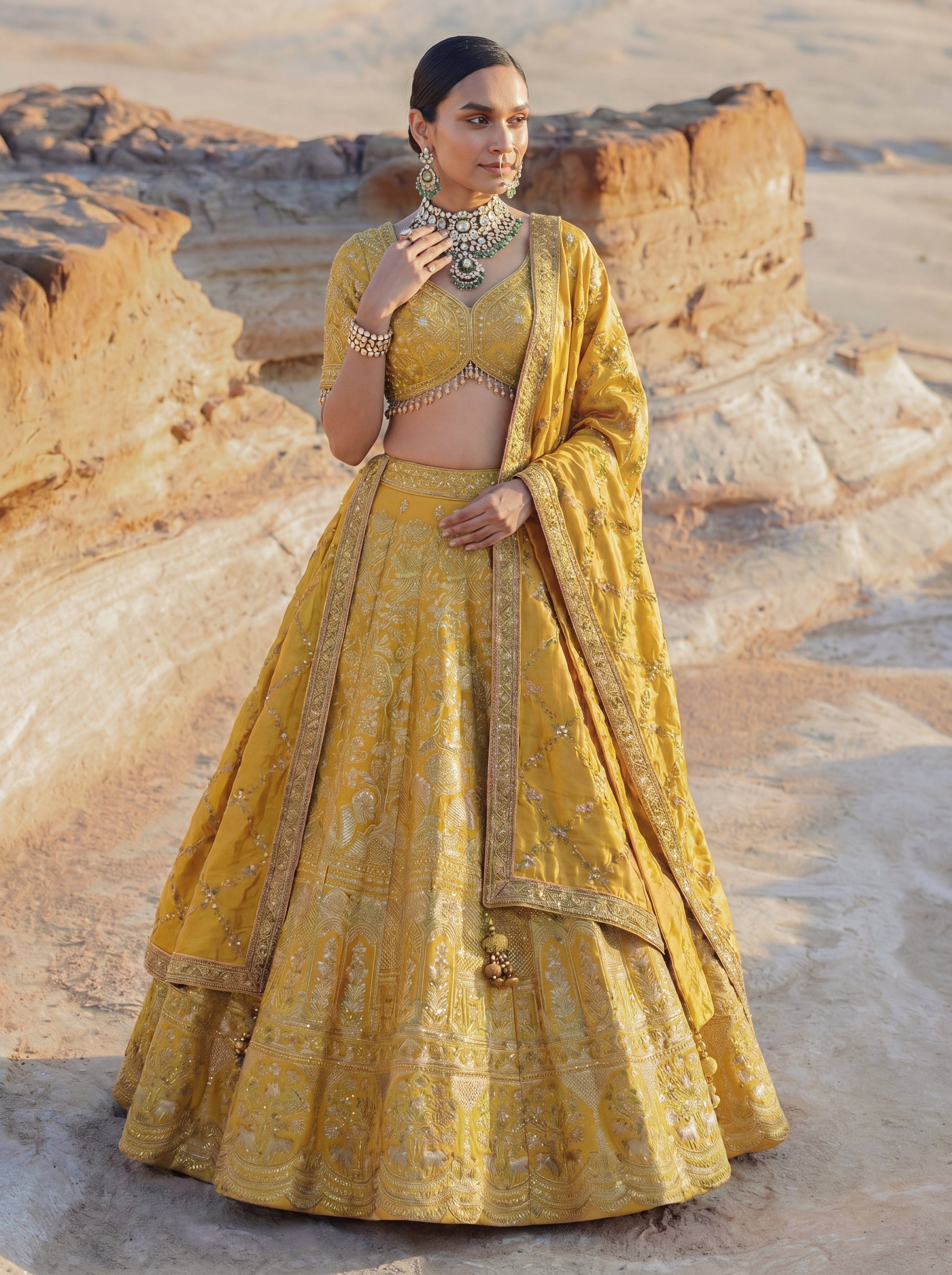Sunshine Yellow Viscose Jacquard Wedding Lehenga Choli Set