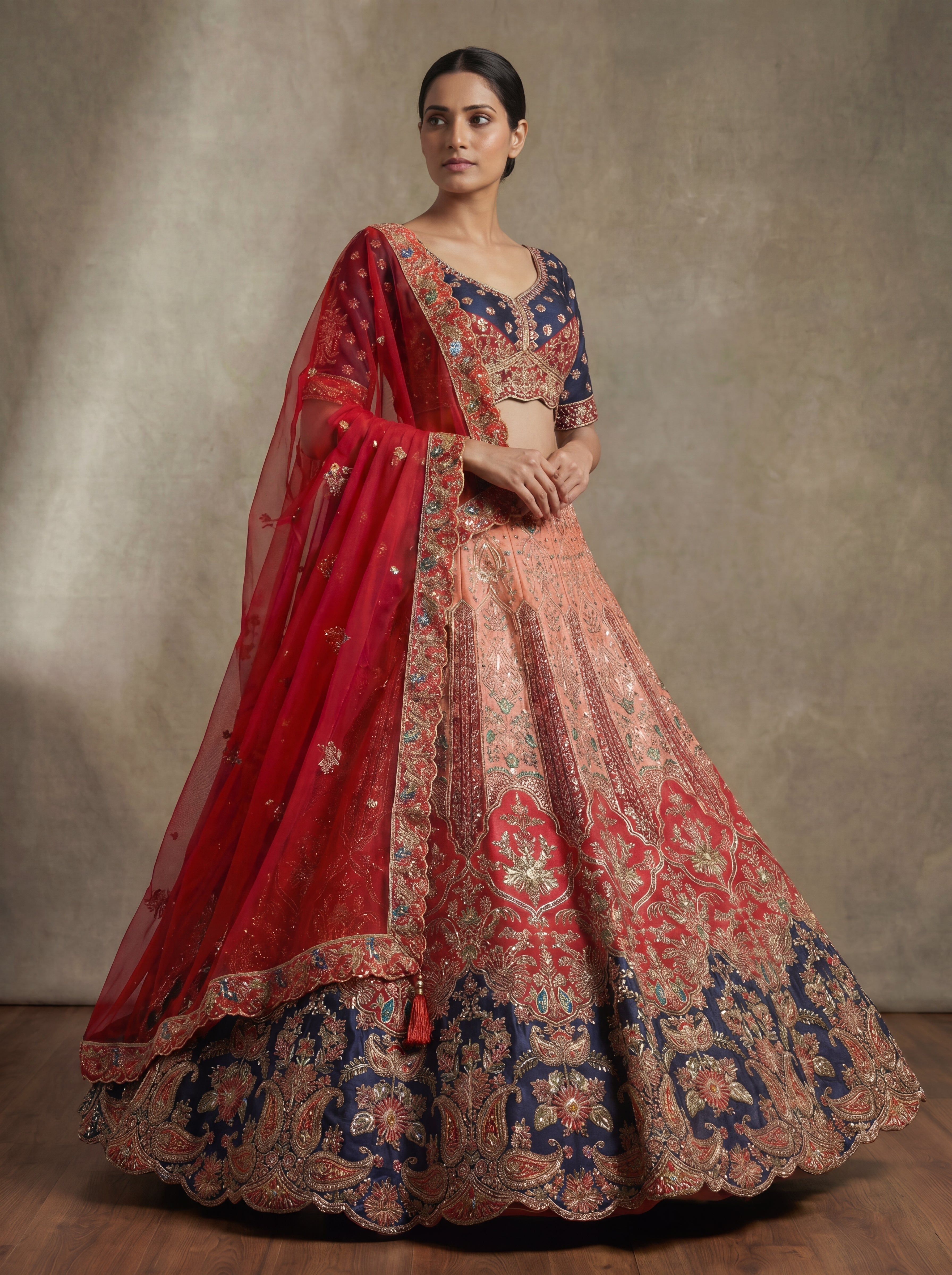 Peach Viscose Sequins Embroidered Bridal Lehenga Choli Set