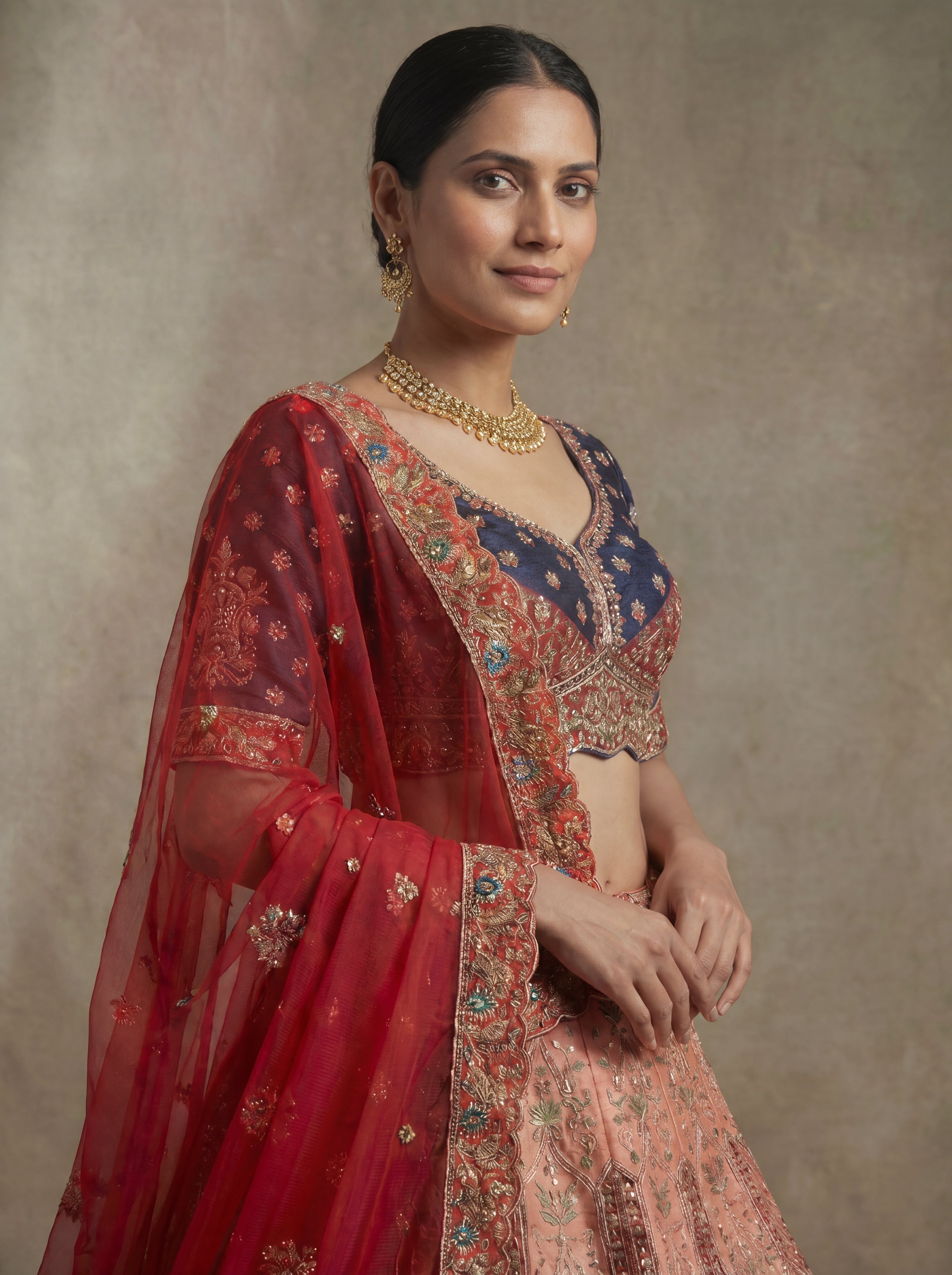 Peach Viscose Sequins Embroidered Bridal Lehenga Choli Set