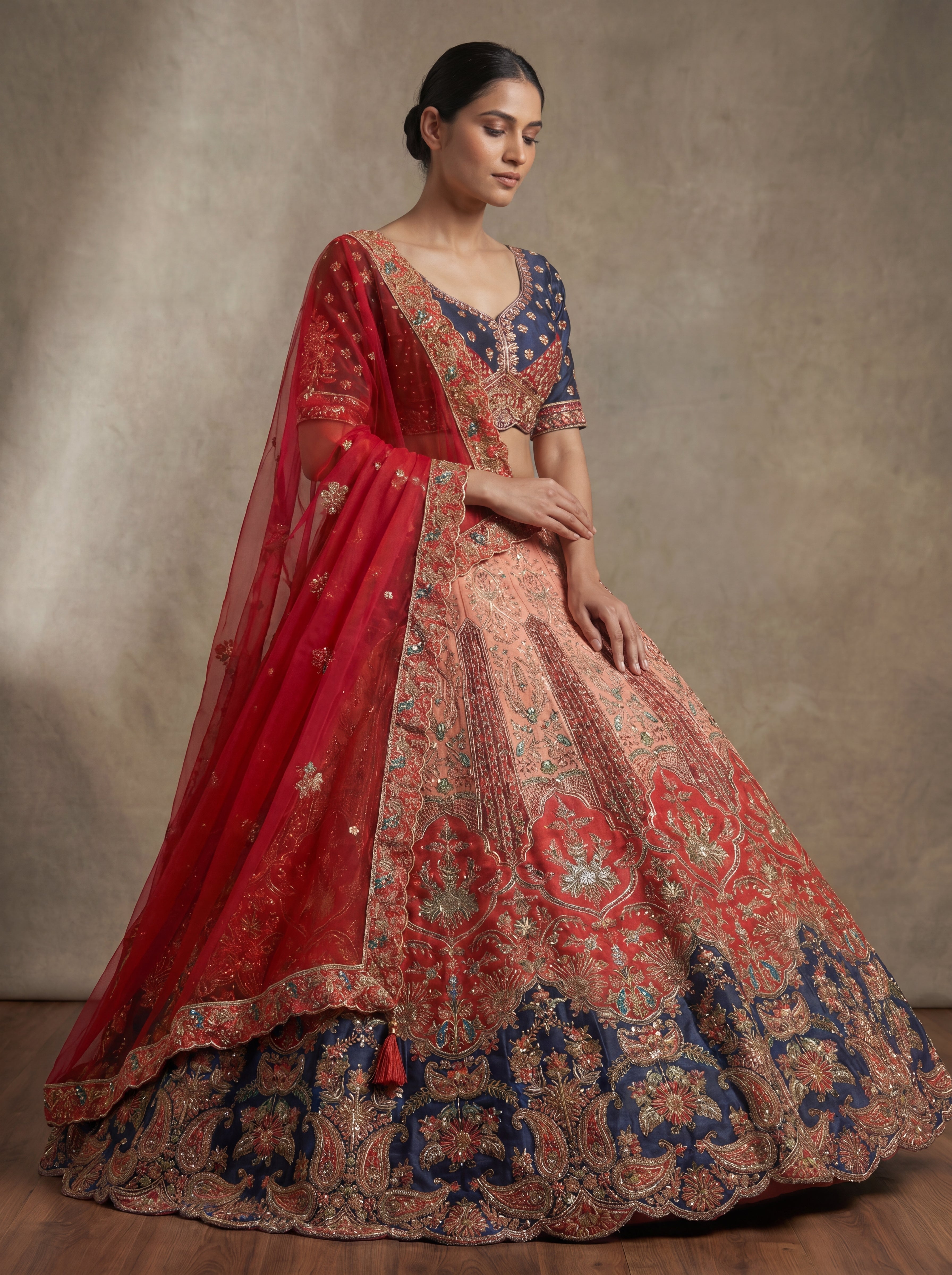 Peach Viscose Sequins Embroidered Bridal Lehenga Choli Set