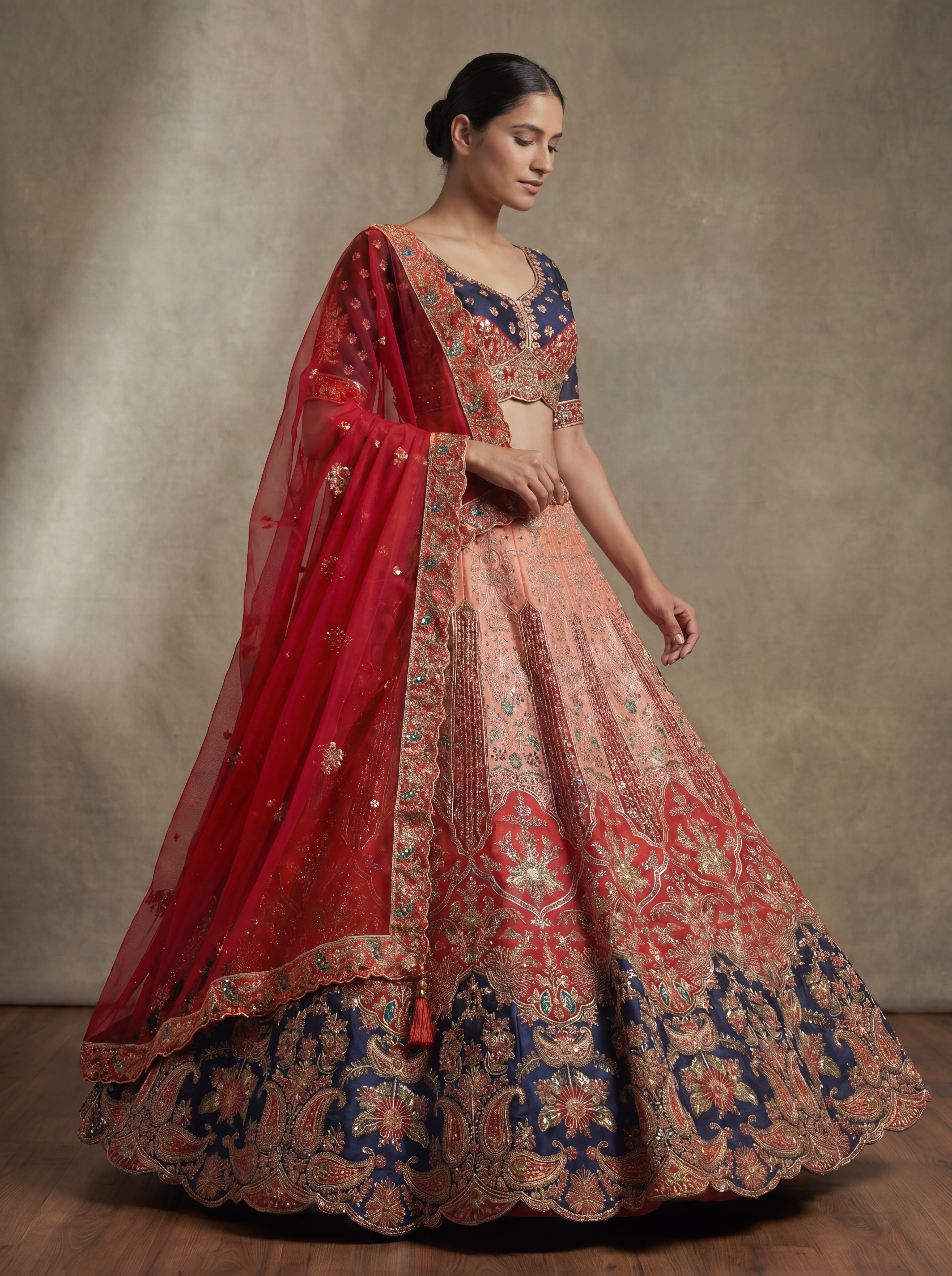 Peach Viscose Sequins Embroidered Bridal Lehenga Choli Set