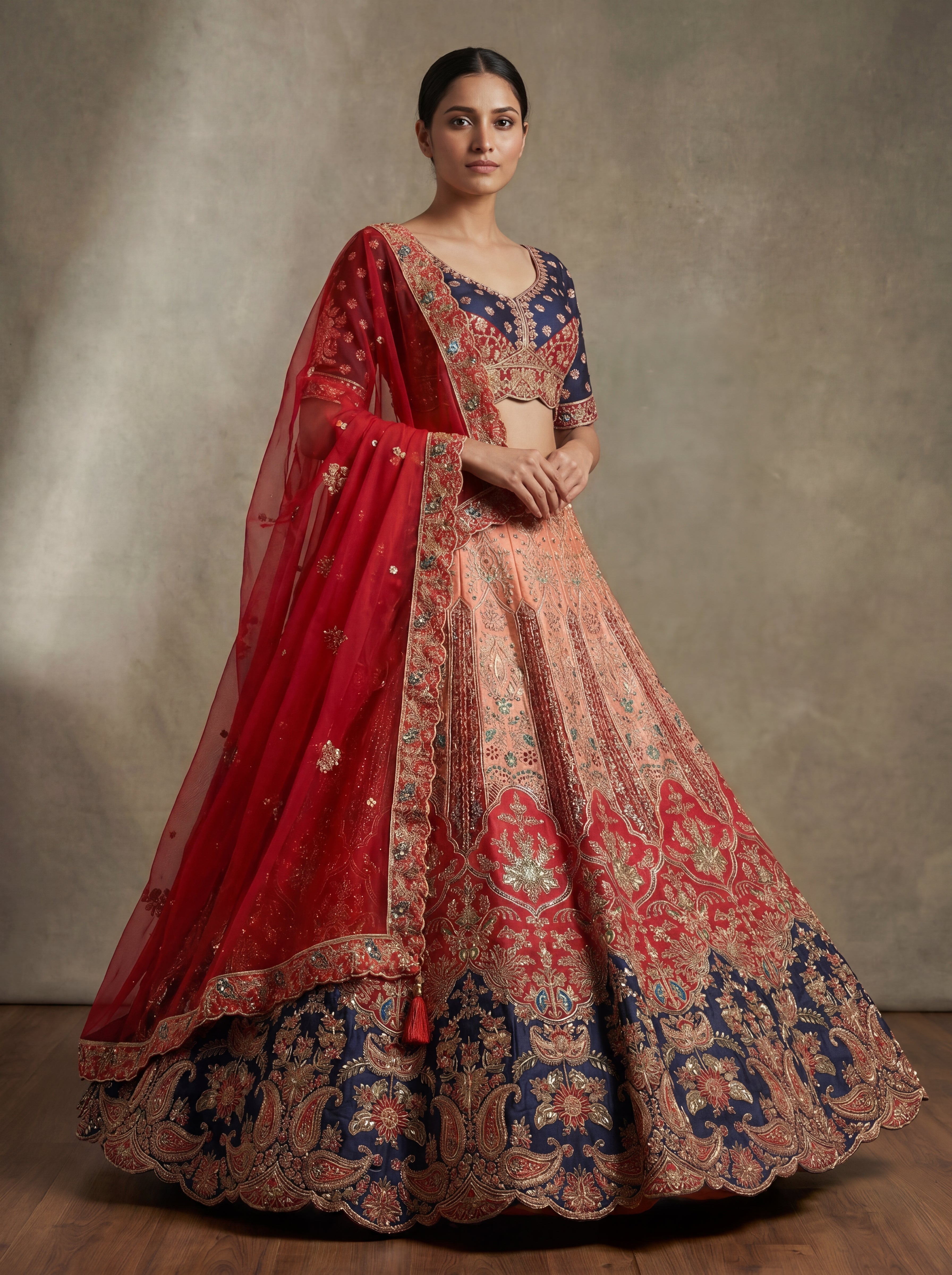 Peach Viscose Sequins Embroidered Bridal Lehenga Choli Set