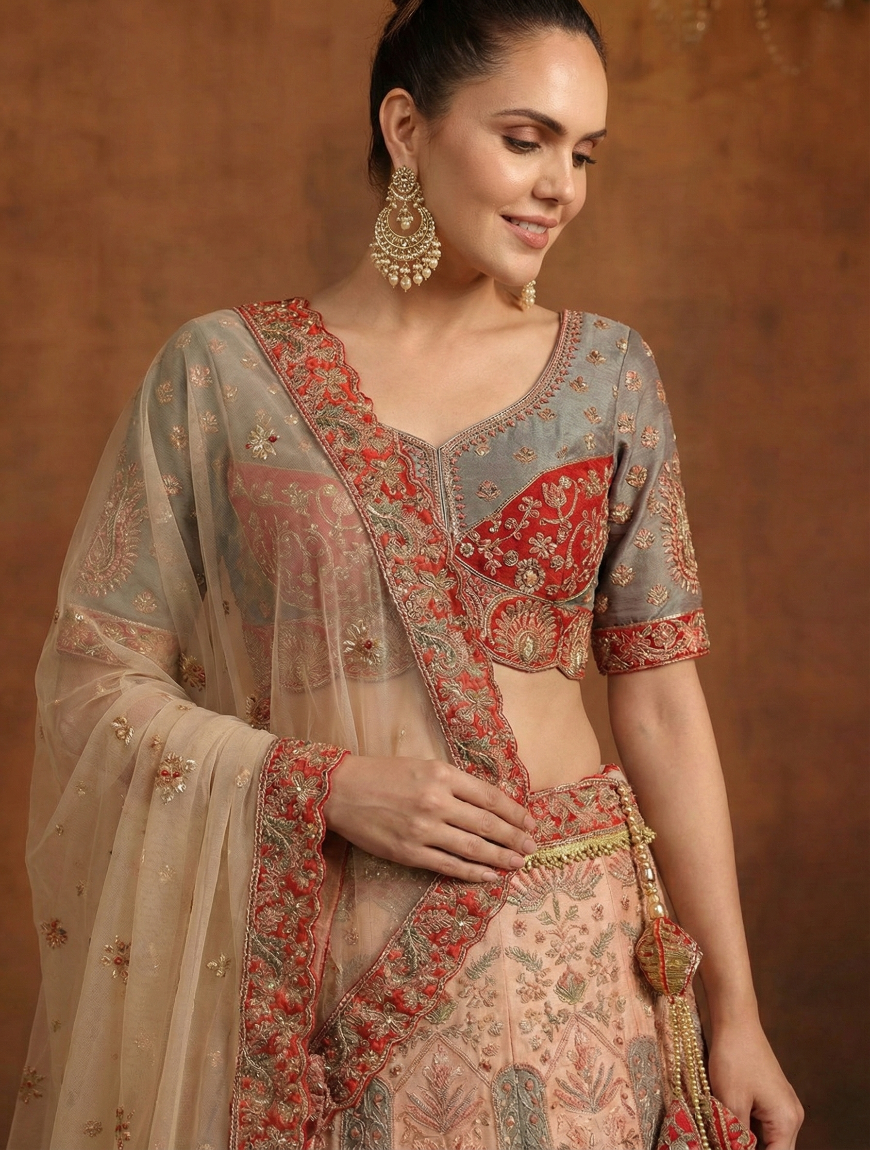 Peach Gray Viscose Sequins Embroidered Bridal Lehenga Choli Set