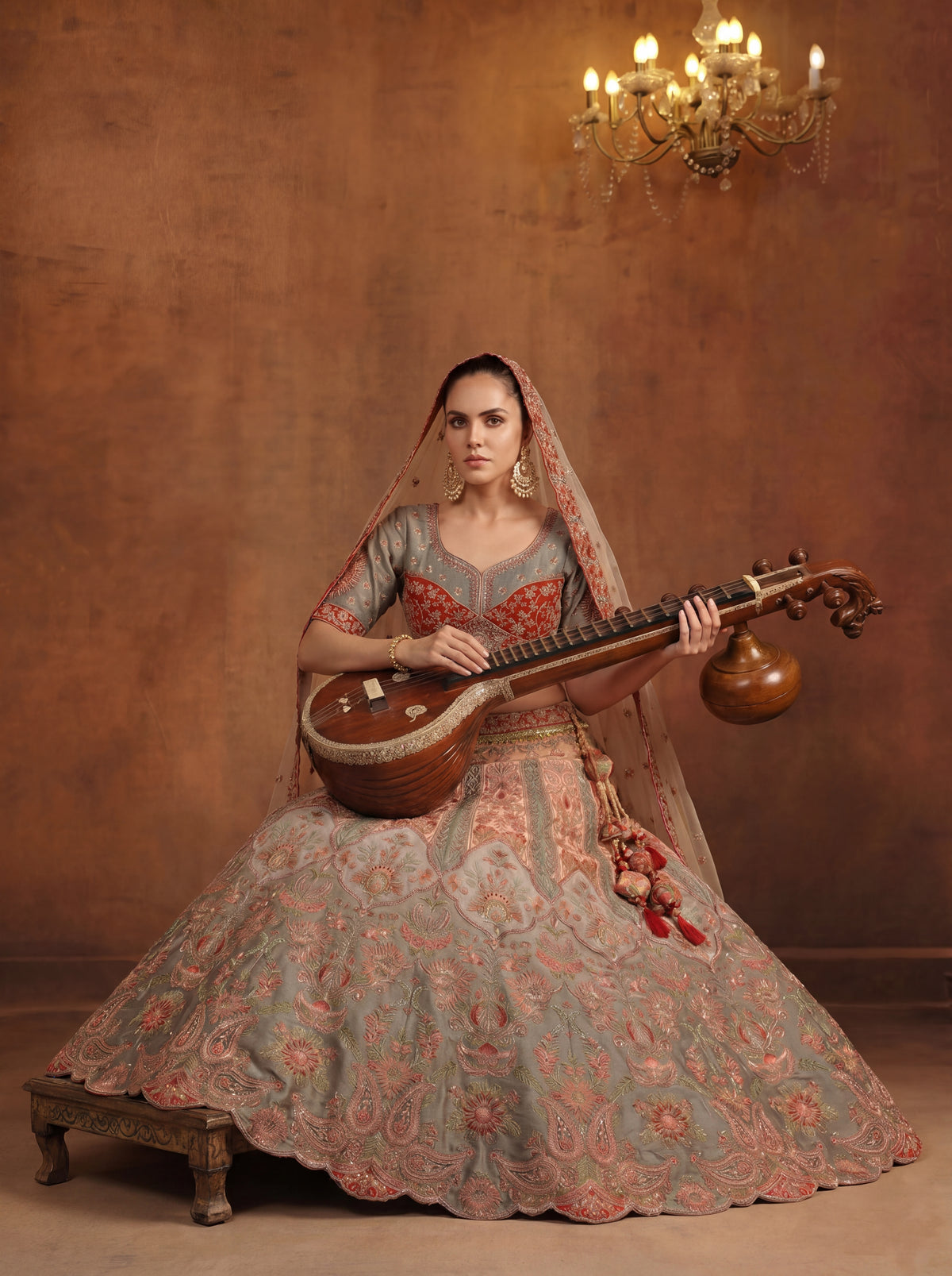Peach Gray Viscose Sequins Embroidered Bridal Lehenga Choli Set