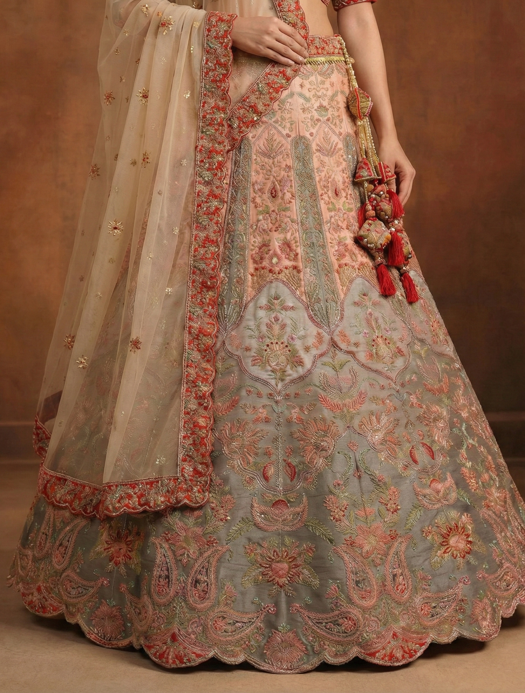 Peach Gray Viscose Sequins Embroidered Bridal Lehenga Choli Set