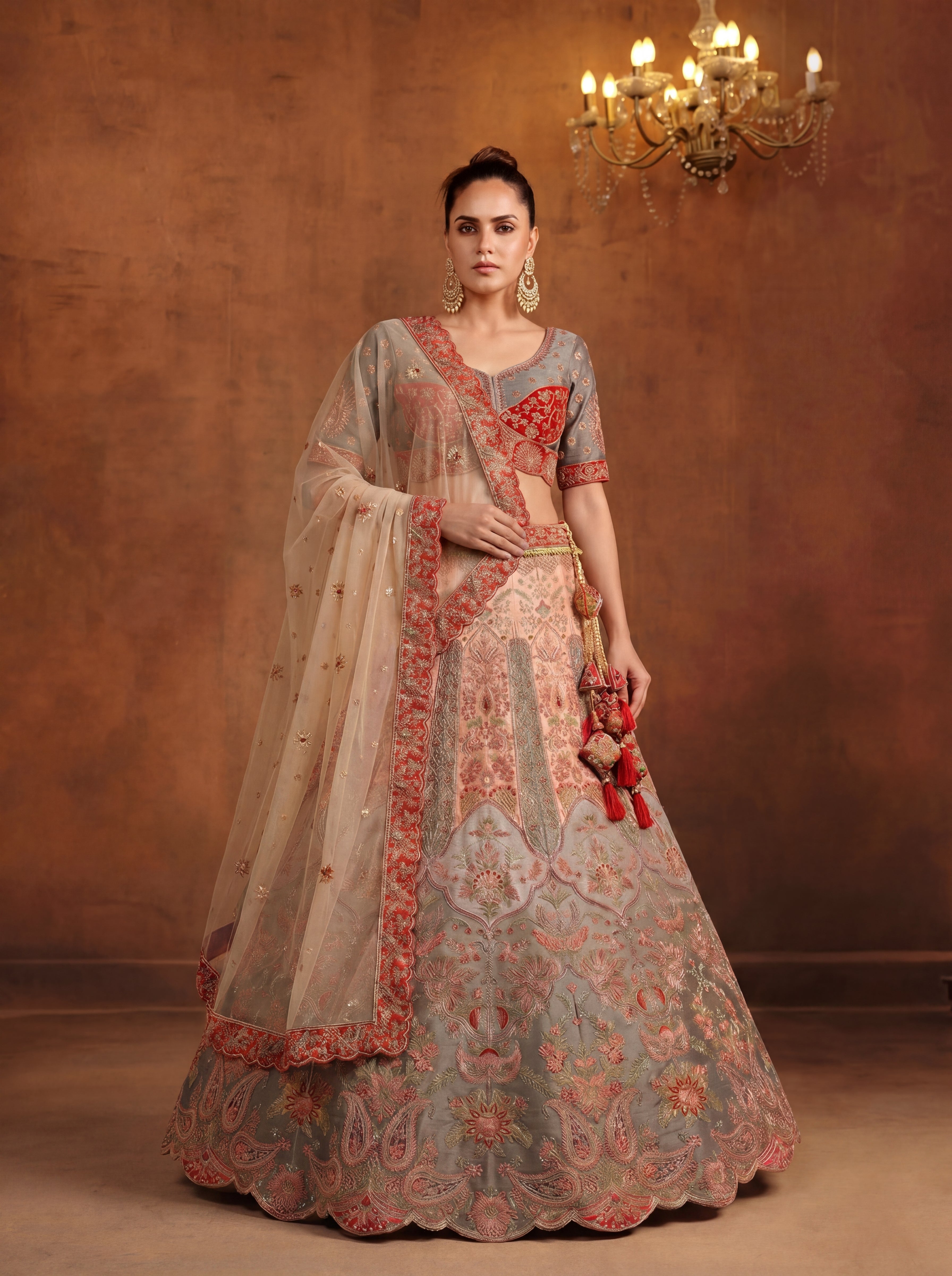 Peach Gray Viscose Sequins Embroidered Bridal Lehenga Choli Set
