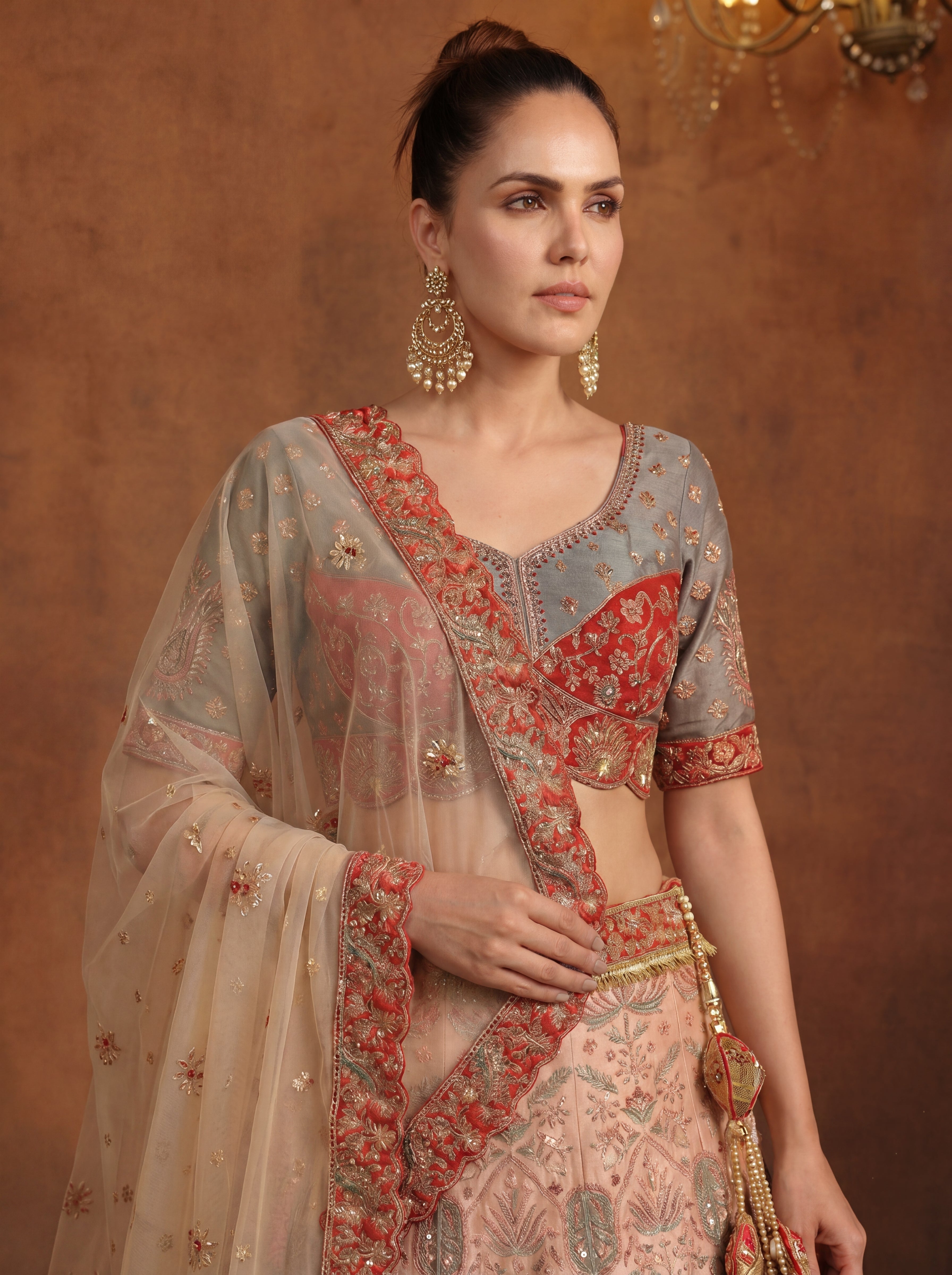 Peach Gray Viscose Sequins Embroidered Bridal Lehenga Choli Set