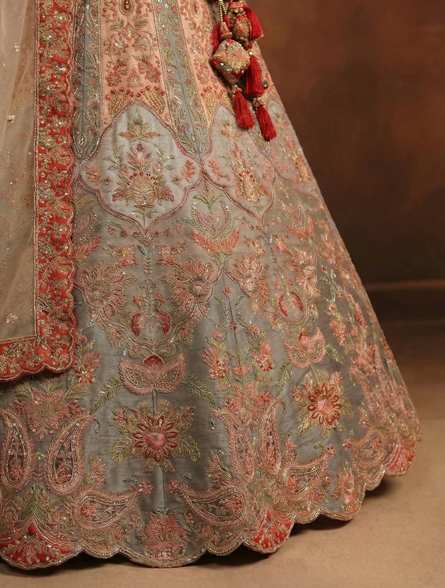 Peach Gray Viscose Sequins Embroidered Bridal Lehenga Choli Set