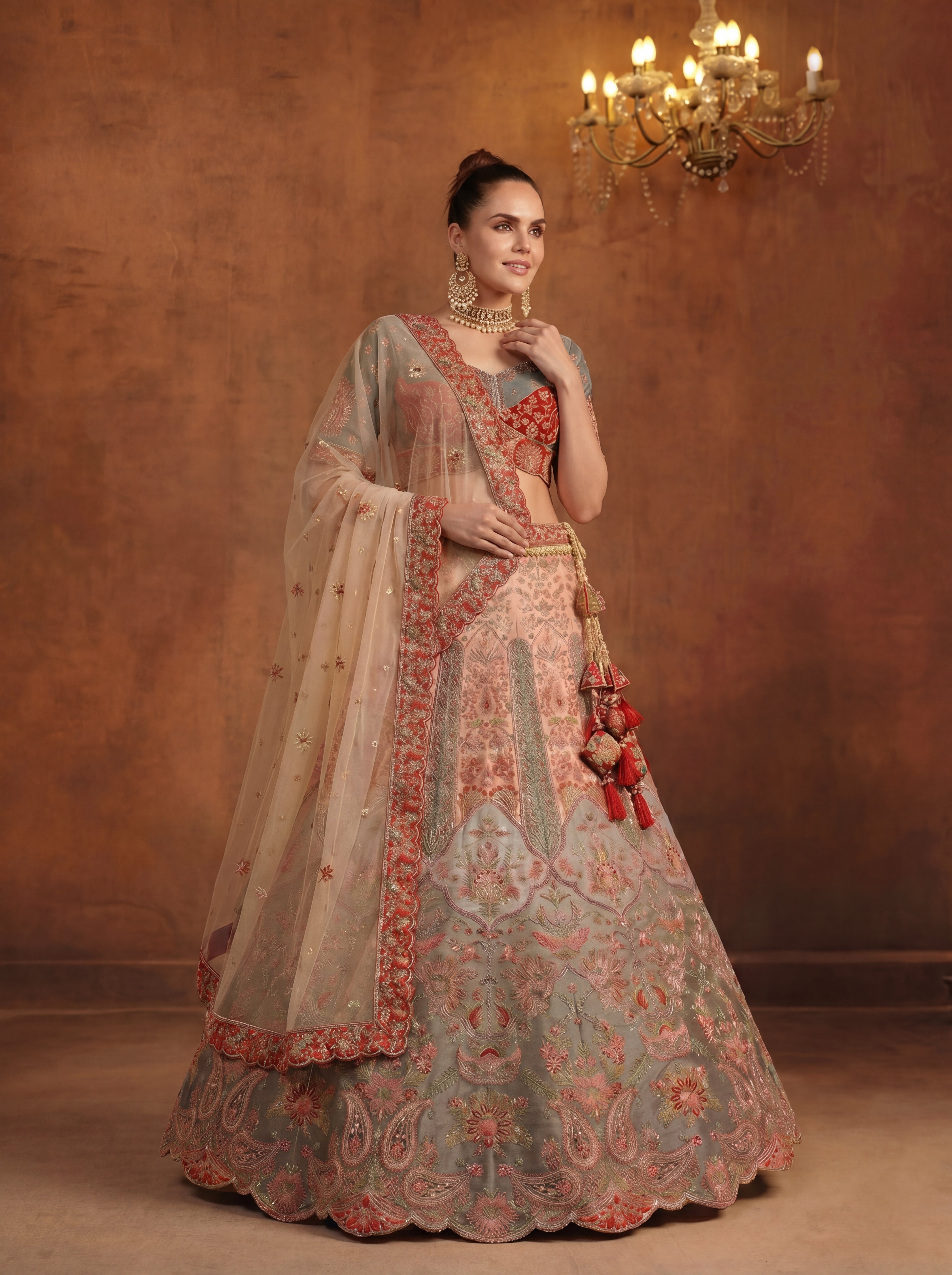 Peach Gray Viscose Sequins Embroidered Bridal Lehenga Choli Set