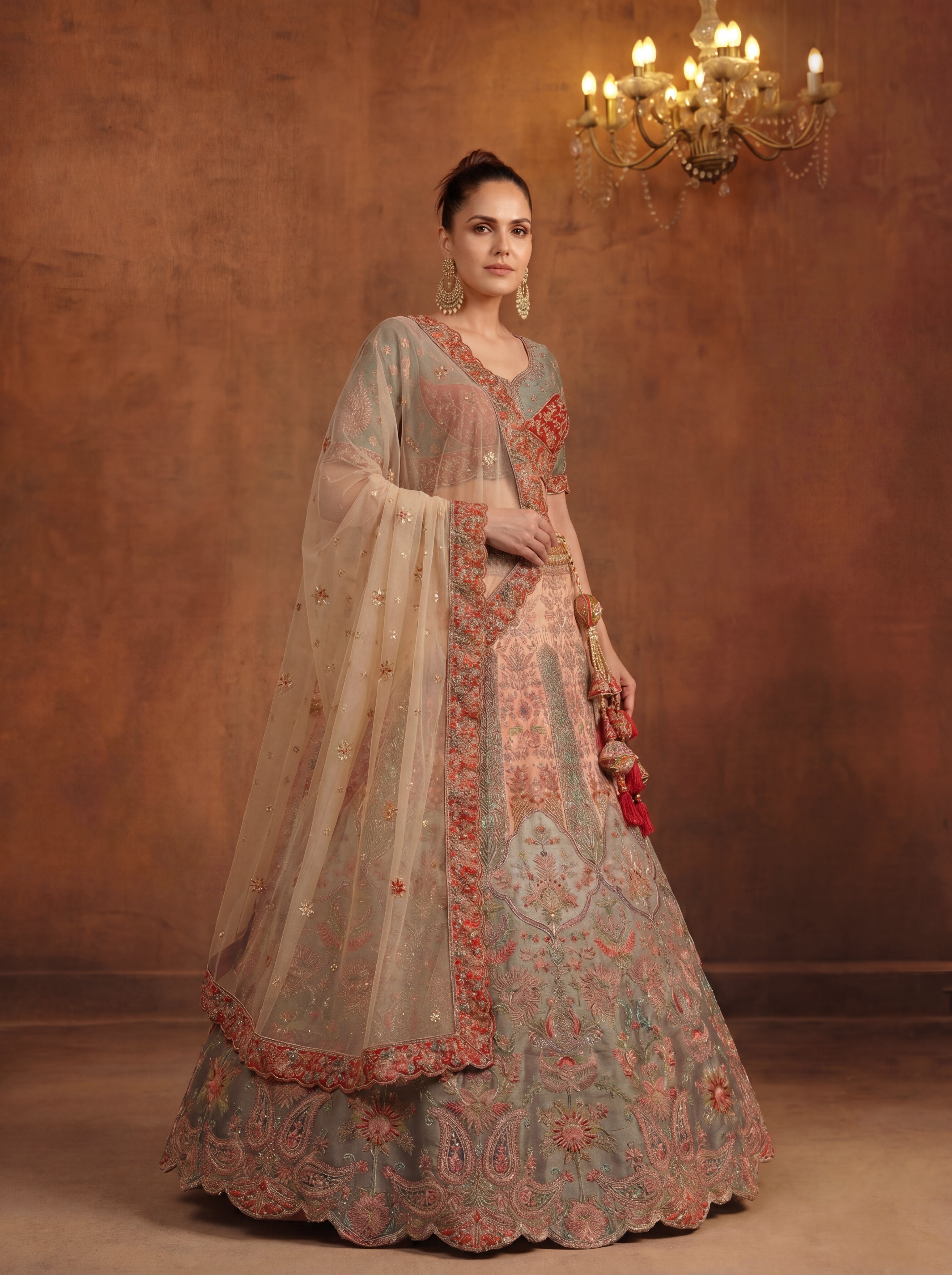 Peach Gray Viscose Sequins Embroidered Bridal Lehenga Choli Set