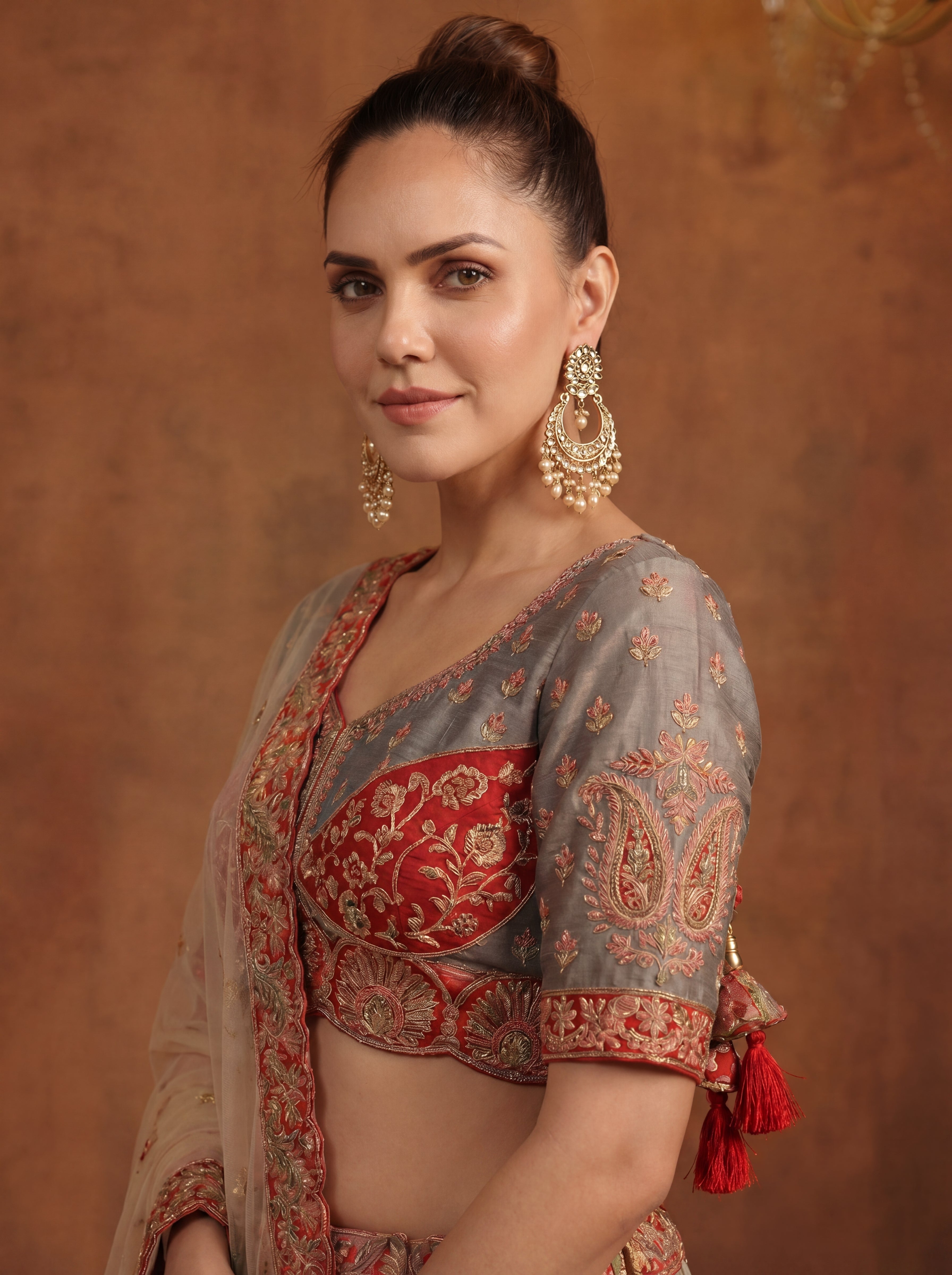 Peach Gray Viscose Sequins Embroidered Bridal Lehenga Choli Set