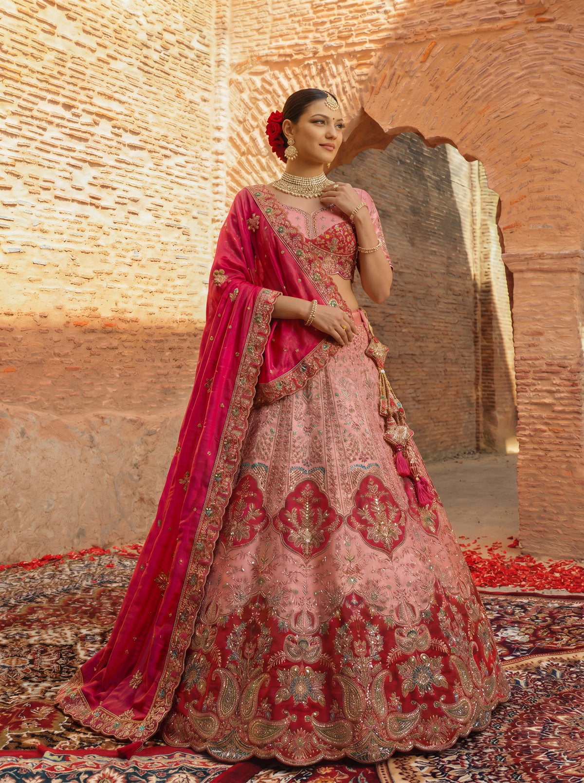 Pink Viscose Sequins Embroidered Bridal Lehenga Choli Set