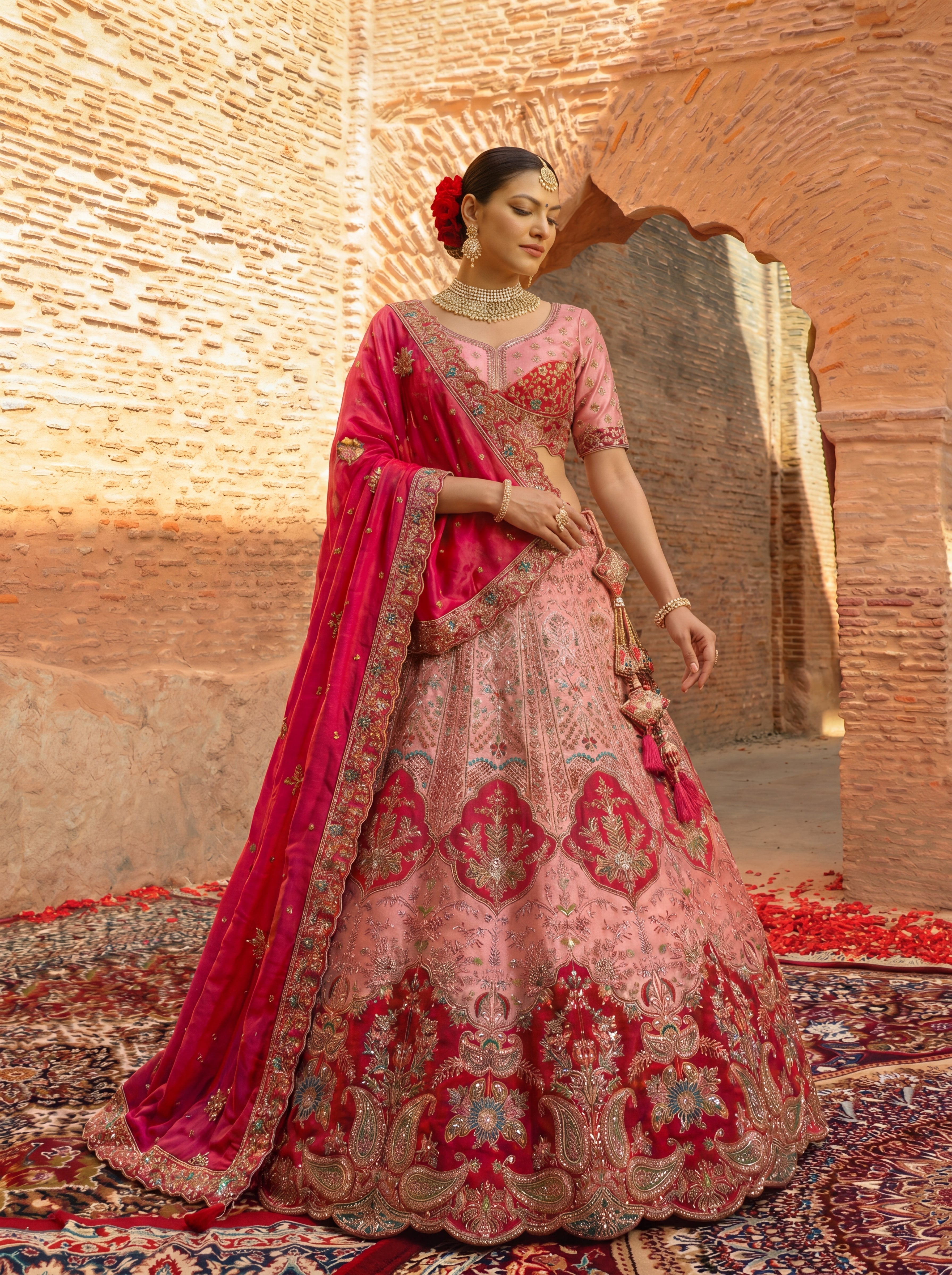 Pink Viscose Sequins Embroidered Bridal Lehenga Choli Set