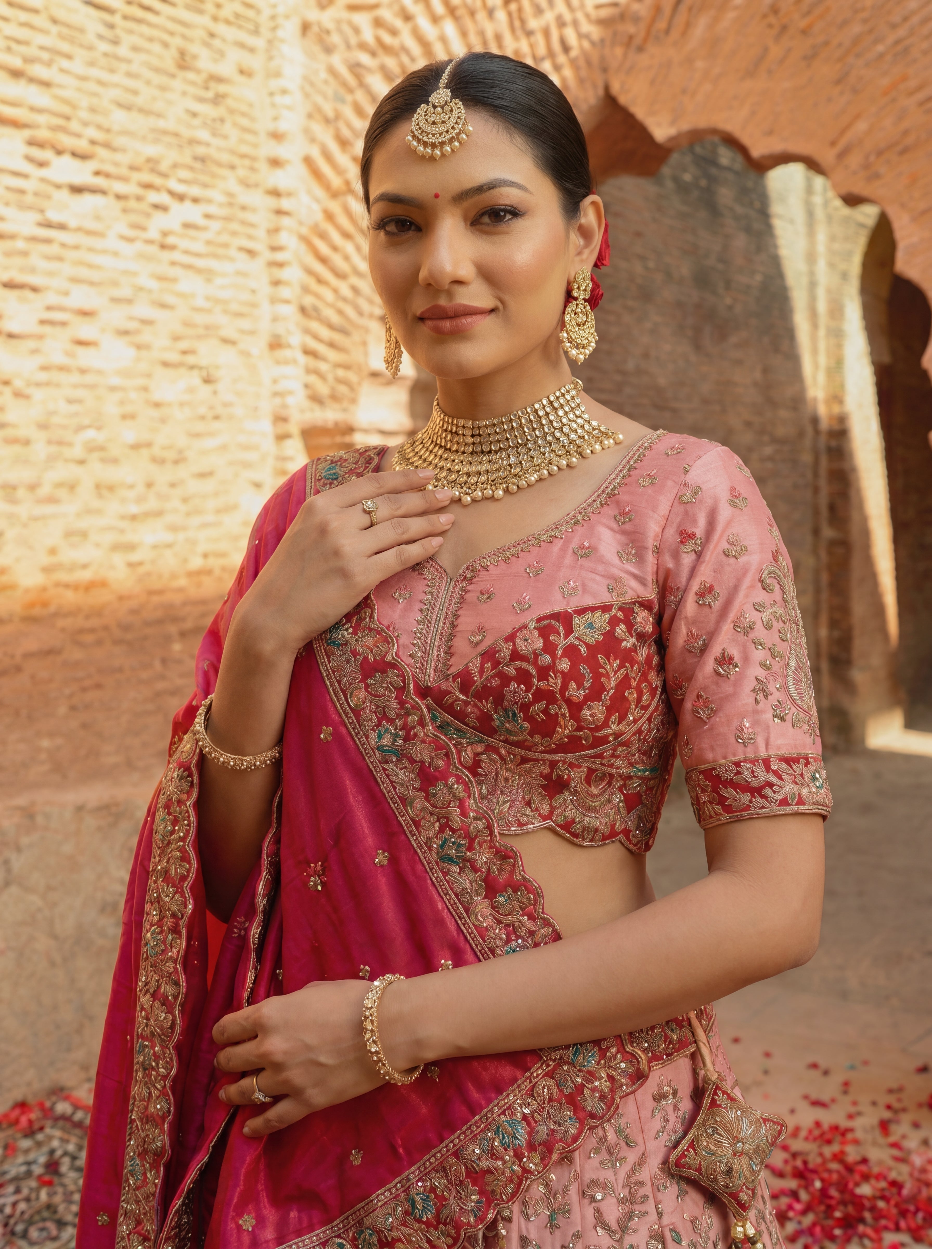 Pink Viscose Sequins Embroidered Bridal Lehenga Choli Set