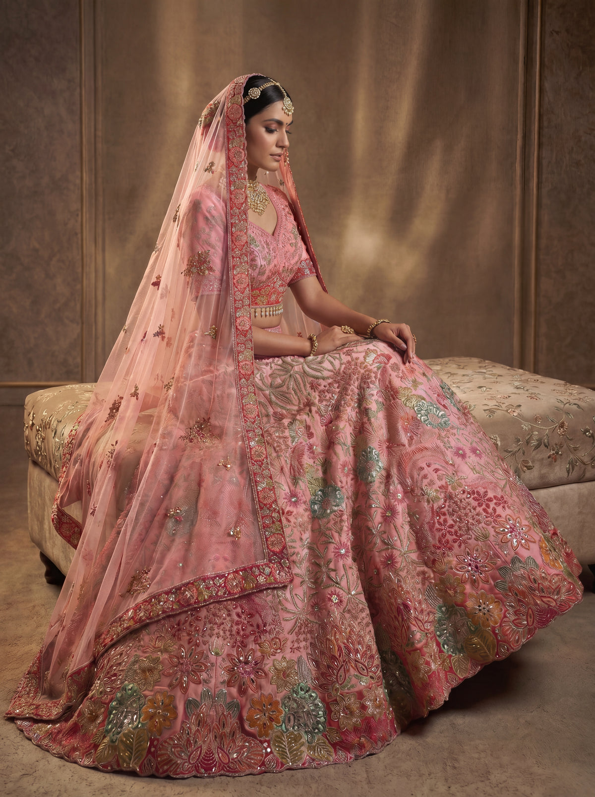 Blush Pink Viscose Sequins Mirror Embroidered Bridal Lehenga Set