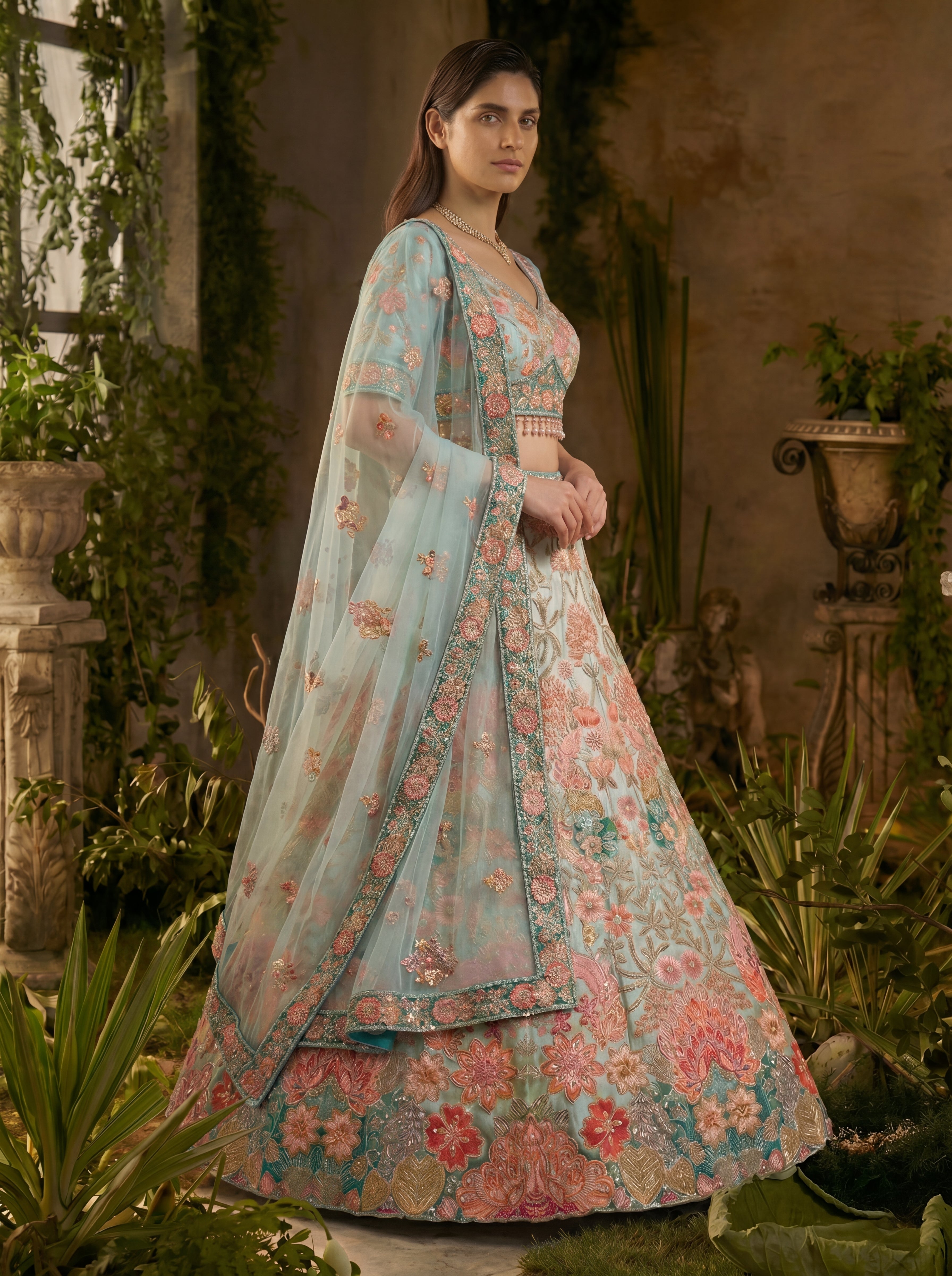 Sky Blue Viscose Sequins Mirror Bridal Lehenga Choli Set