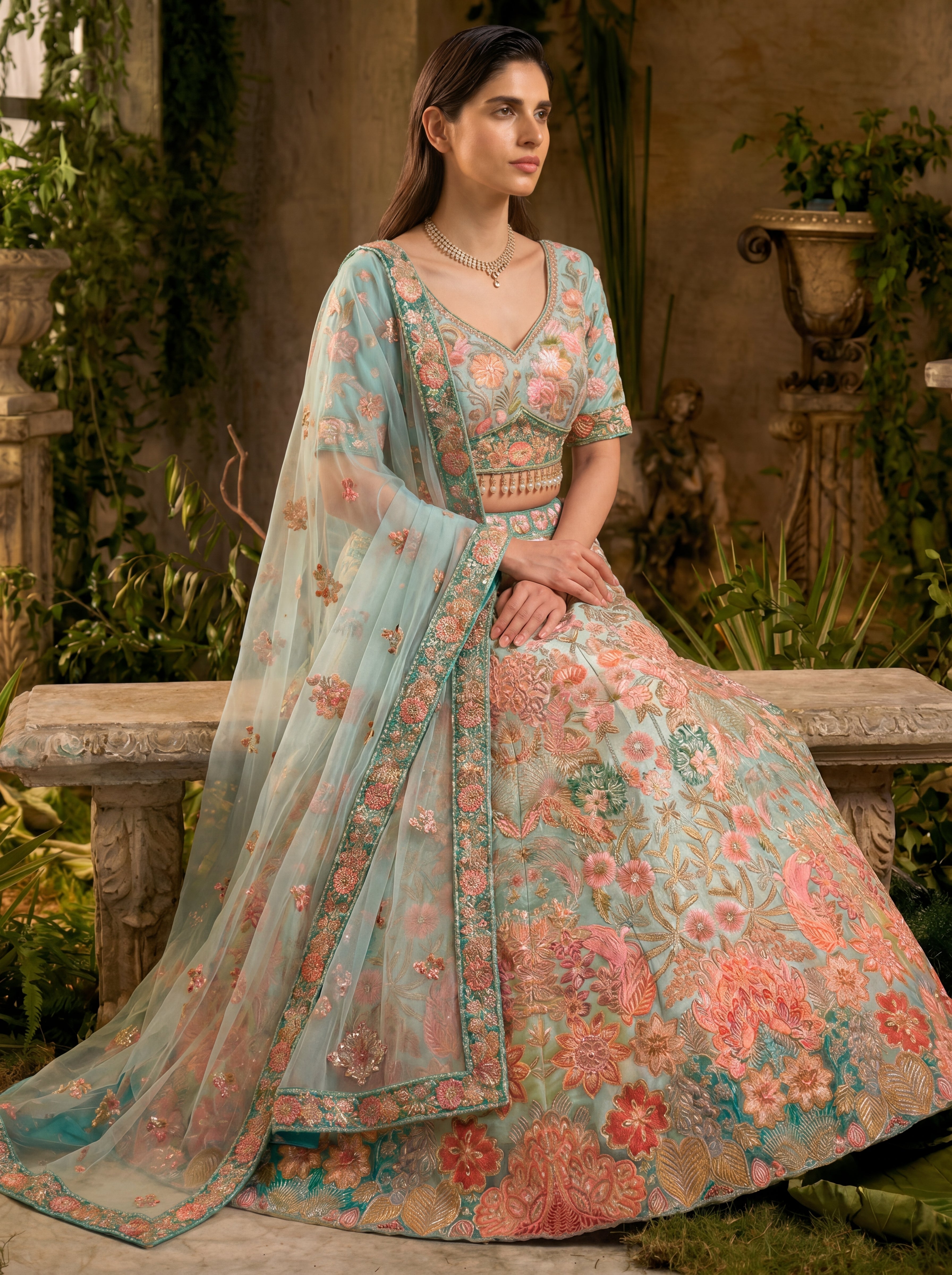 Sky Blue Viscose Sequins Mirror Bridal Lehenga Choli Set
