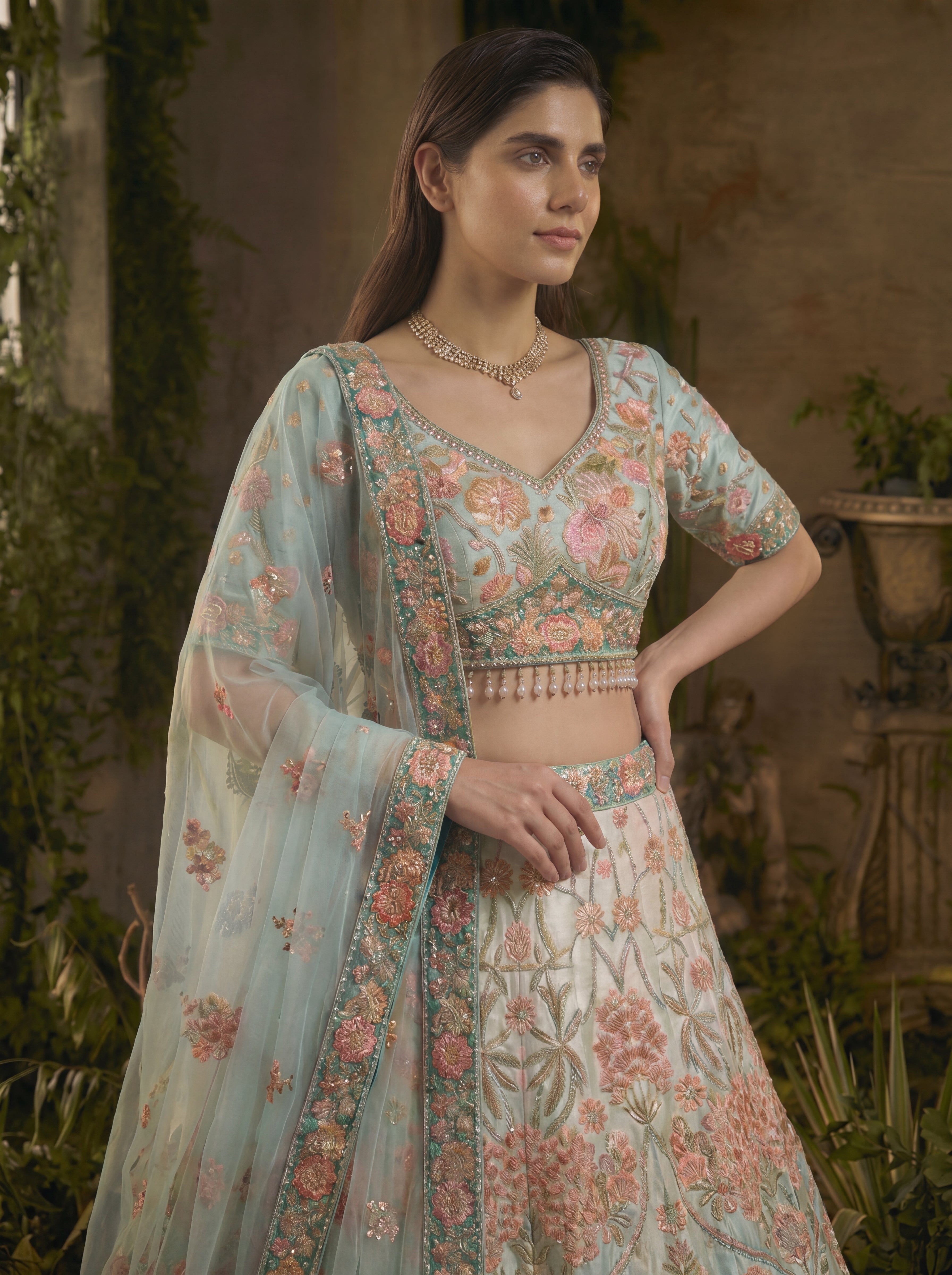 Sky Blue Viscose Sequins Mirror Bridal Lehenga Choli Set