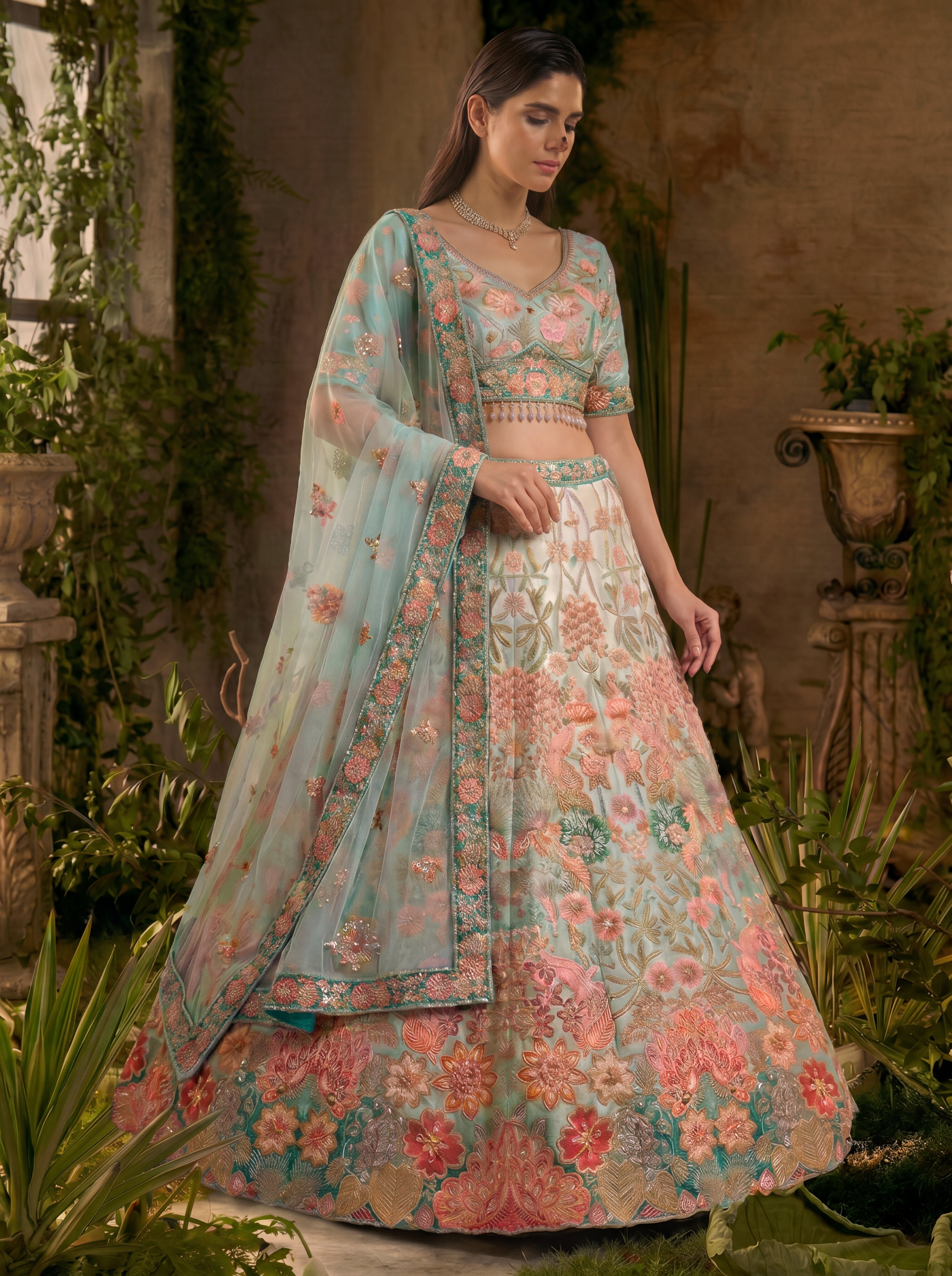 Sky Blue Viscose Sequins Mirror Bridal Lehenga Choli Set