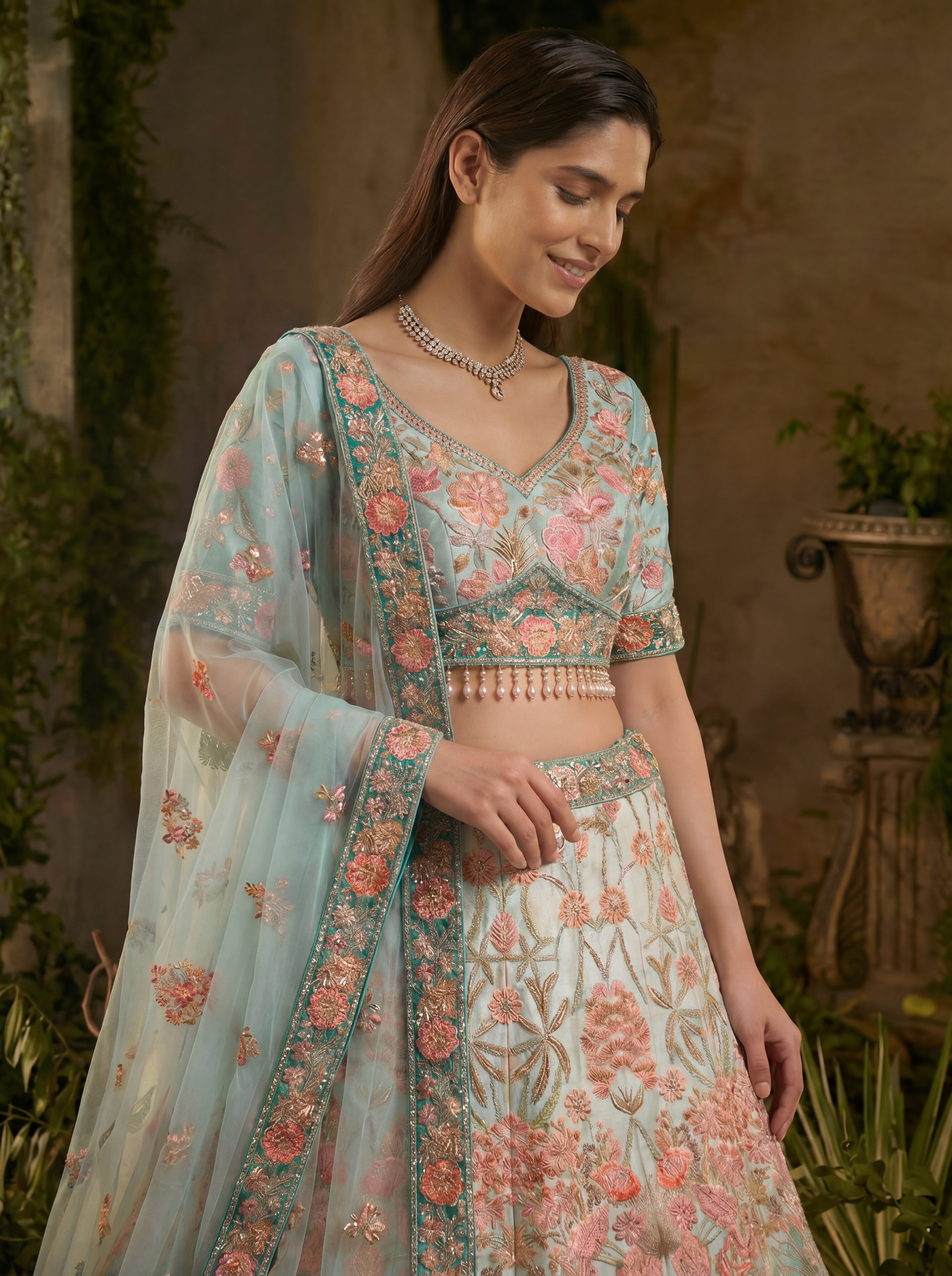 Sky Blue Viscose Sequins Mirror Bridal Lehenga Choli Set