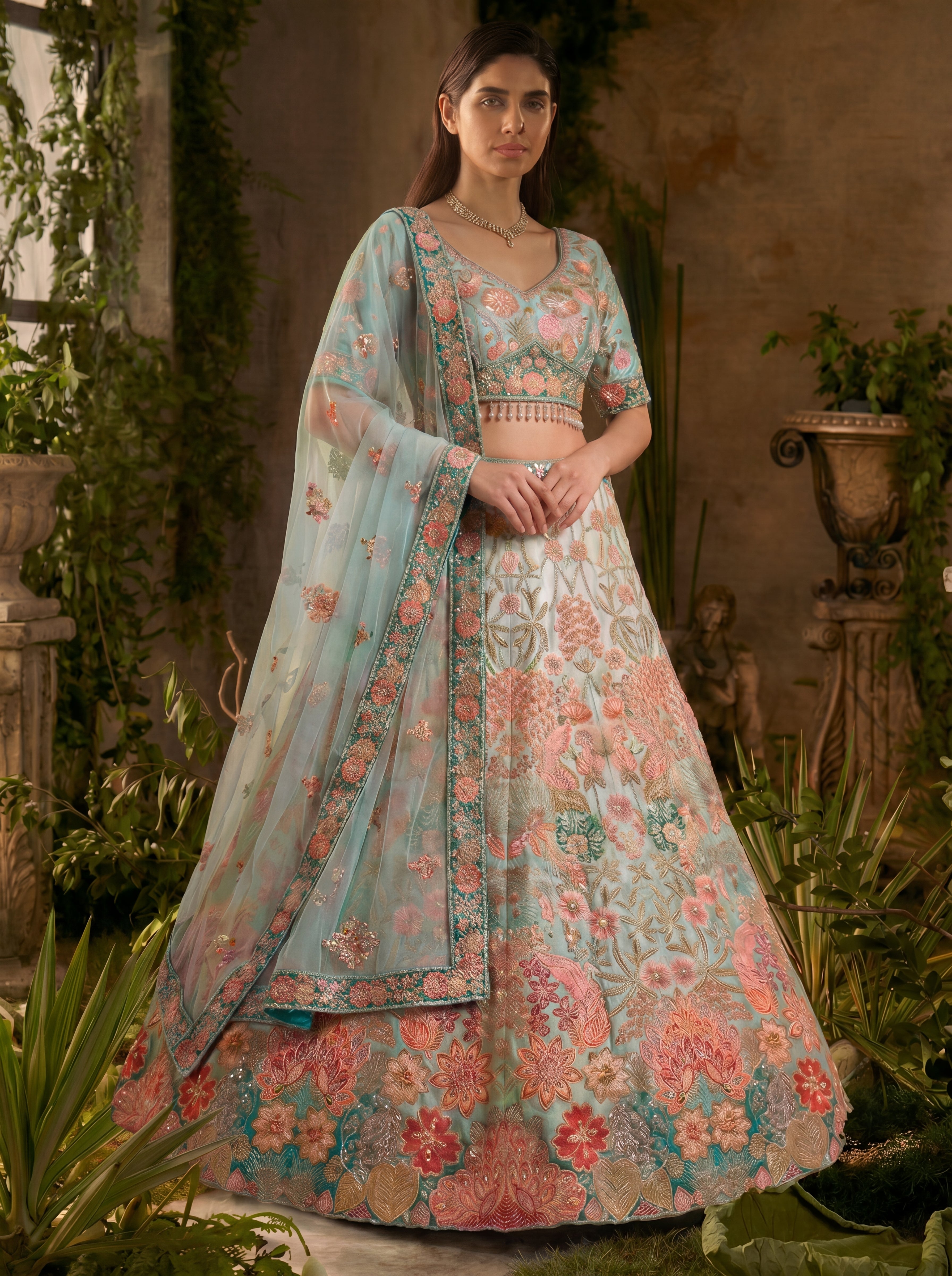 Sky Blue Viscose Sequins Mirror Bridal Lehenga Choli Set