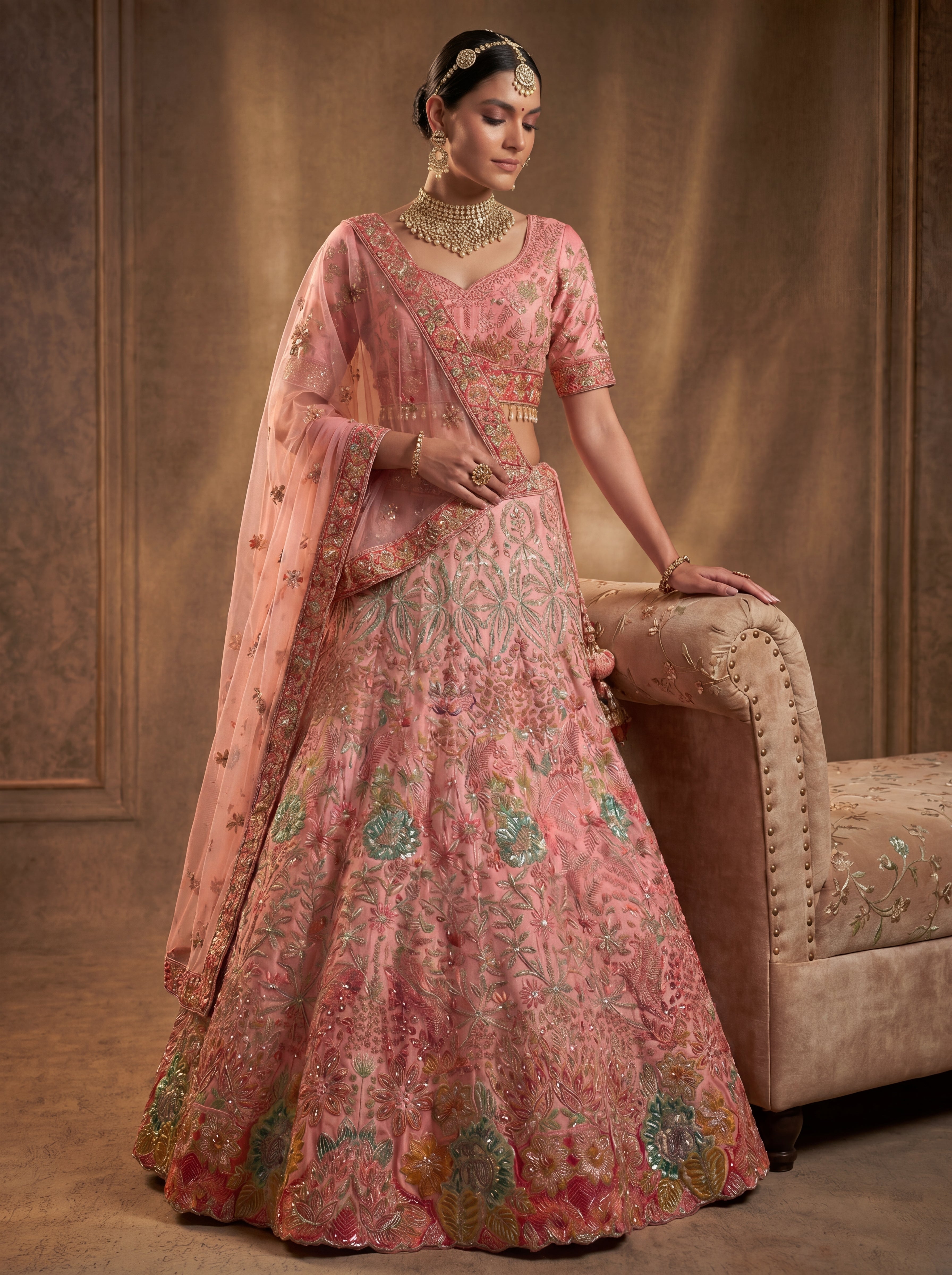 Blush Pink Viscose Sequins Mirror Embroidered Bridal Lehenga Set