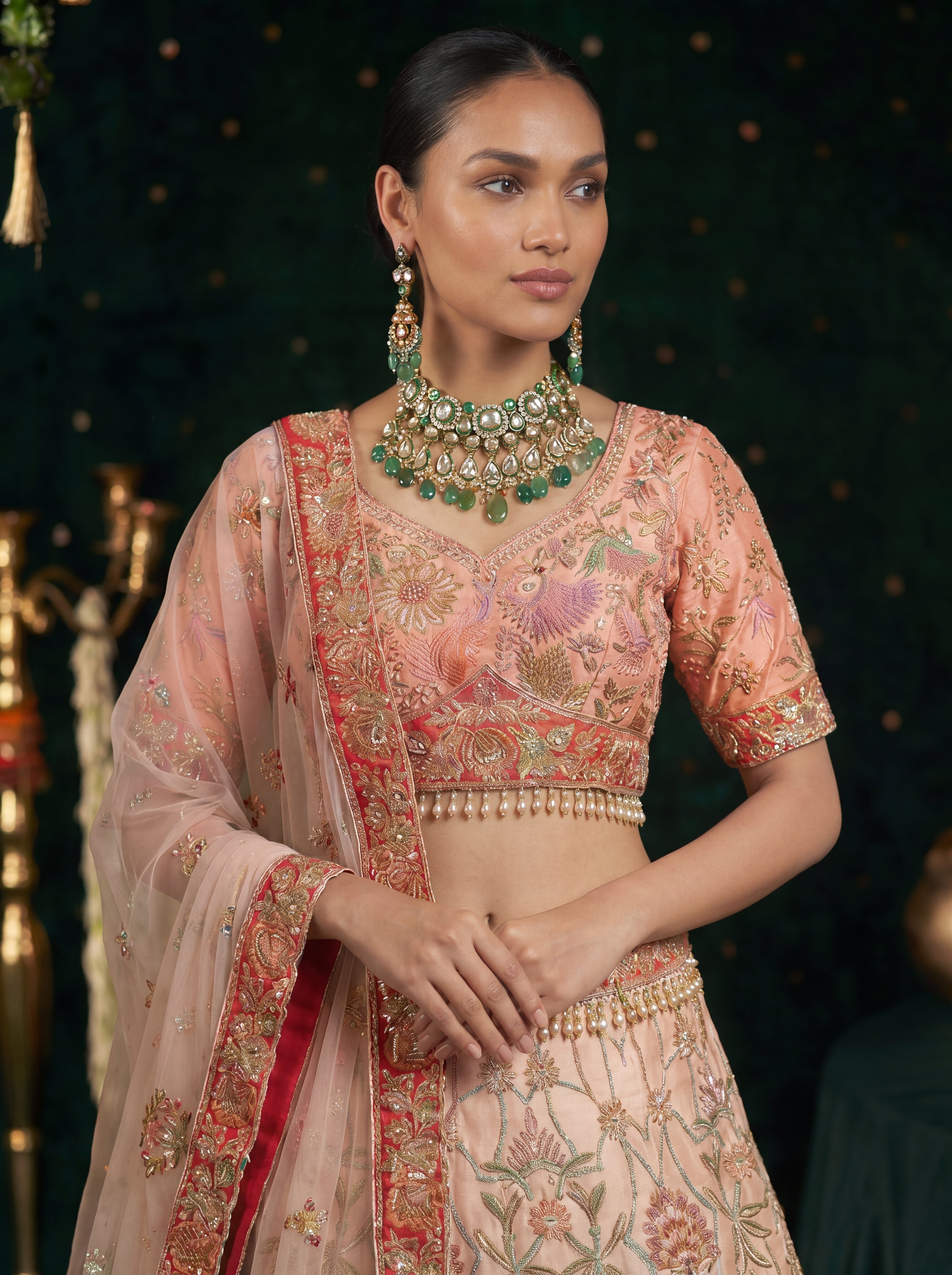 Coral Peach Viscose Sequins Mirror Wedding Lehenga Choli Set